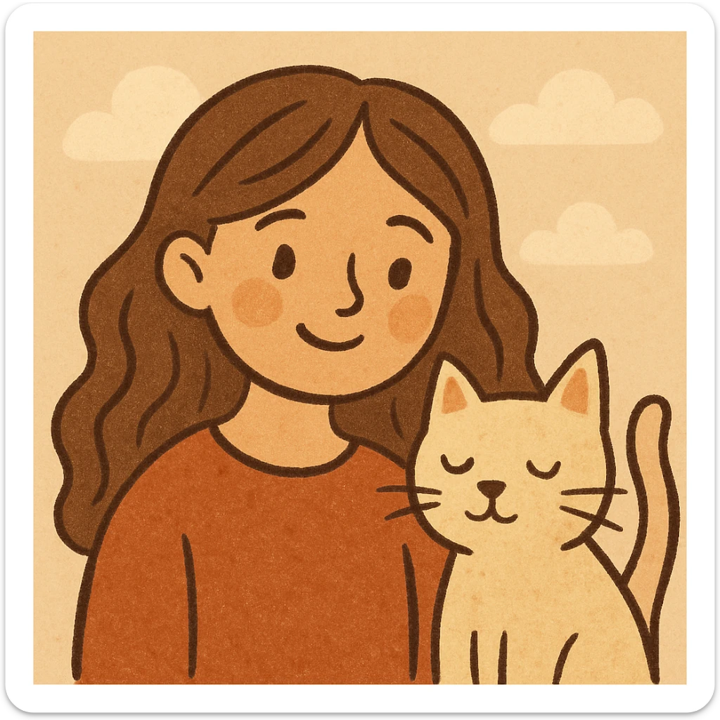 a girl with long wavy brown hair and brown eyes smiling with a cat beside her, soft warm style sticker