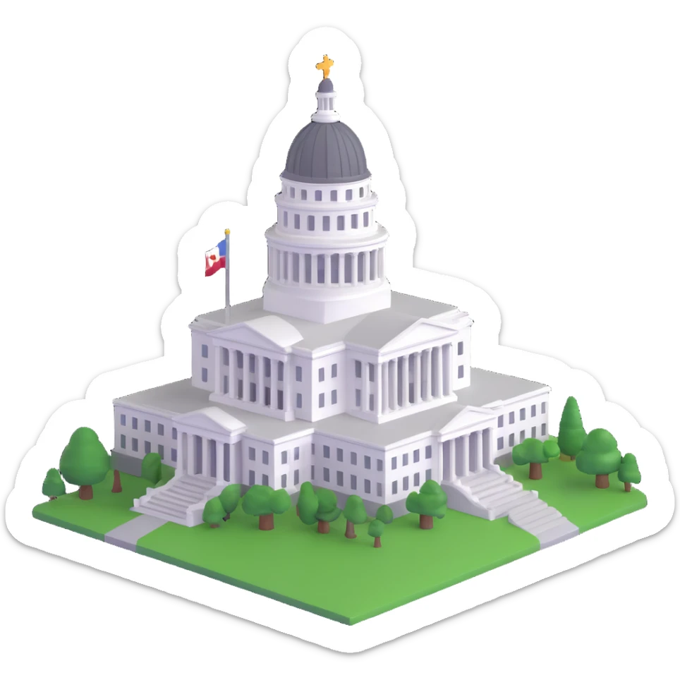 cinematic realistic emoji of the California State Capitol in Sacramento, majestic ornate architecture, lifelike detail, bright regal lighting on a sunny day, building in accurate shade of white sticker