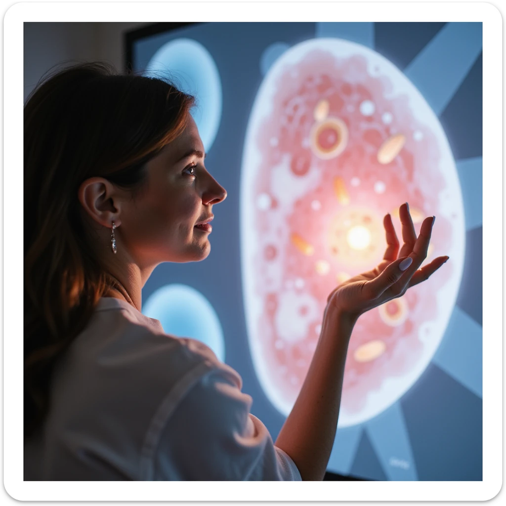 woman with PCOS observing a medical illustration of healthy mature oocytes, expression of hope and satisfaction, clinical environment, light colors, realistic photography or medical art sticker