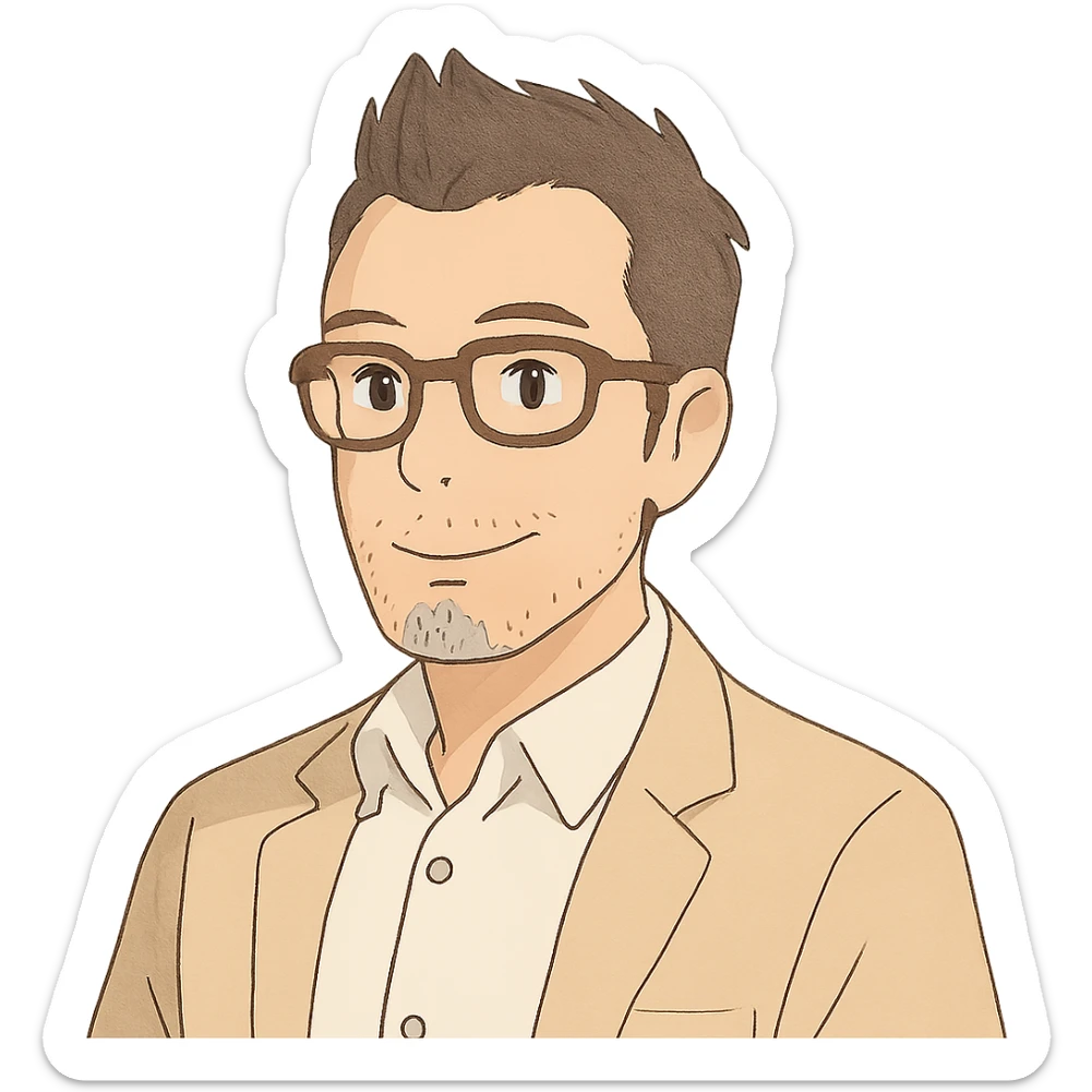 soft color, business casual man with dark brown fauxhawk, white shirt, brown rectangular glasses, graying stubble on chin sticker