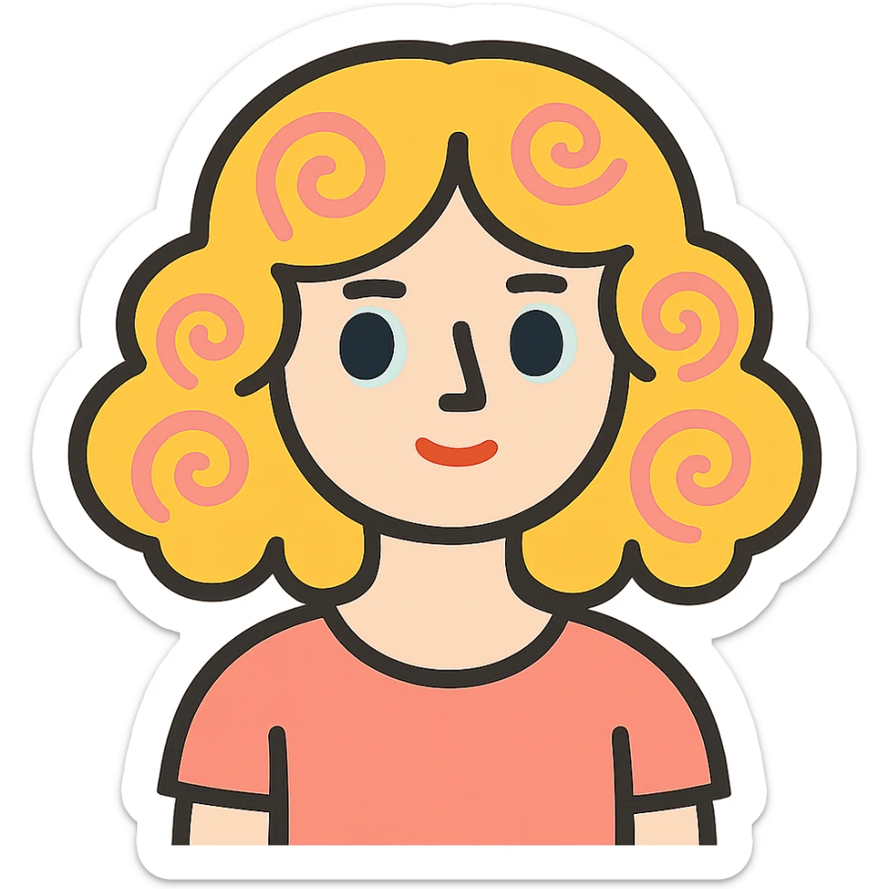 pale girl with medium-length curly blonde hair and baby pink swirls sticker