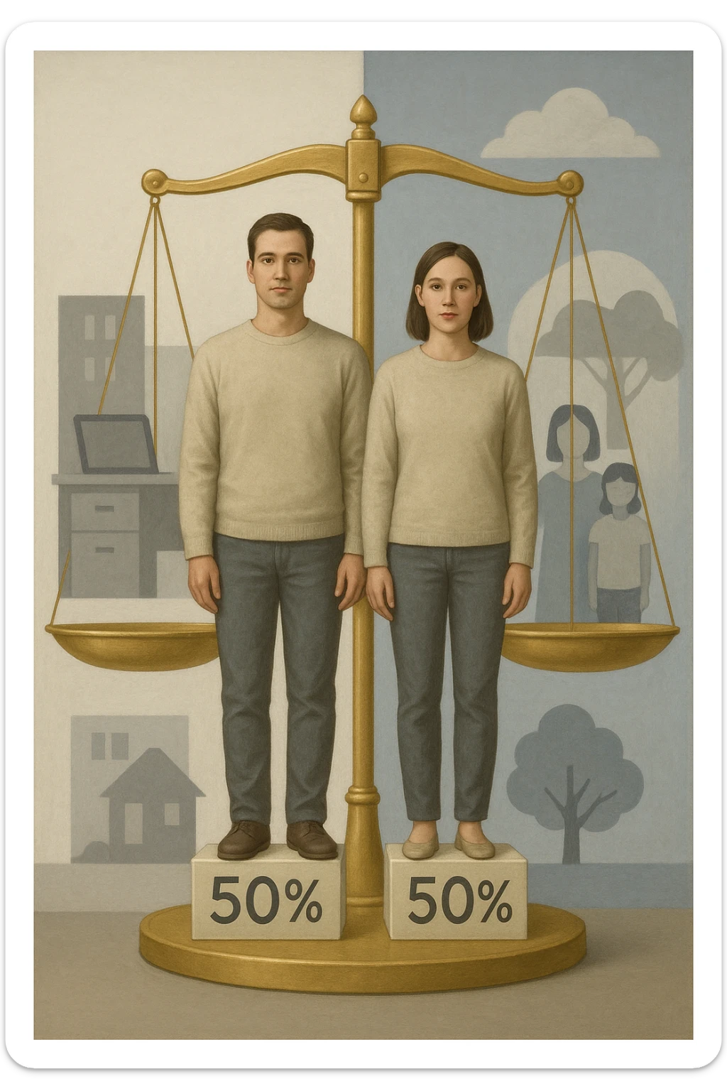 Uomo e donna in piedi l’uno accanto all’altra, al centro di una bilancia perfettamente in equilibrio. Entrambi vestiti in modo simile (moderno e neutro), con espressioni serene e rispettose. Sotto i loro piedi, due blocchi con scritto '50%' ciascuno. Sullo sfondo, elementi divisi simmetricamente: lavoro, famiglia, tempo libero, rappresentati equamente da entrambi. Atmosfera armoniosa, illuminazione equilibrata, colori neutri e simbolici (bianco, grigio, blu e oro). Stile realistico con accento simbolico sul concetto di equità sticker
