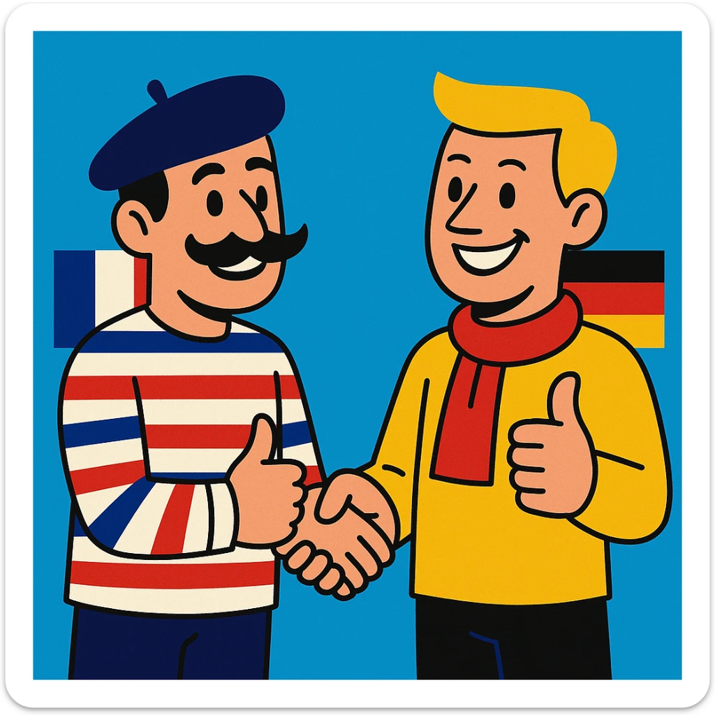 A French and German man shaking hands and giving thumbs up, vibrant colors, both smiling, French with mustache and striped shirt, German with blond hair and scarf. sticker