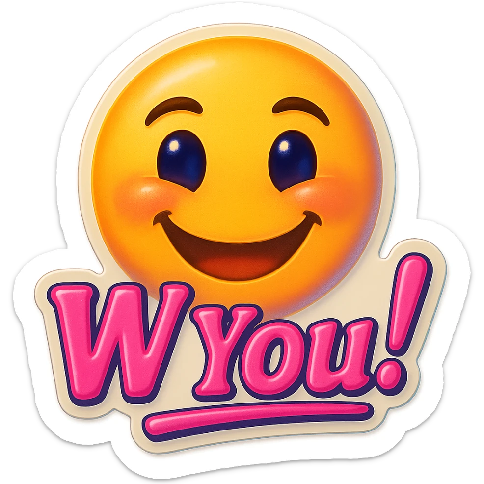excited smile with mouth closed add the words W You! in pink sticker