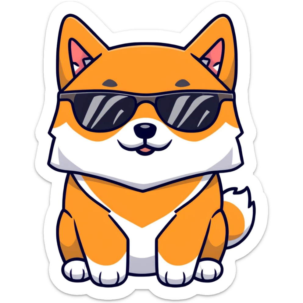 close-up of a Shiba Inu face wearing sunglasses with the text 'BIG HEAD' inside the sunglasses lenses sticker