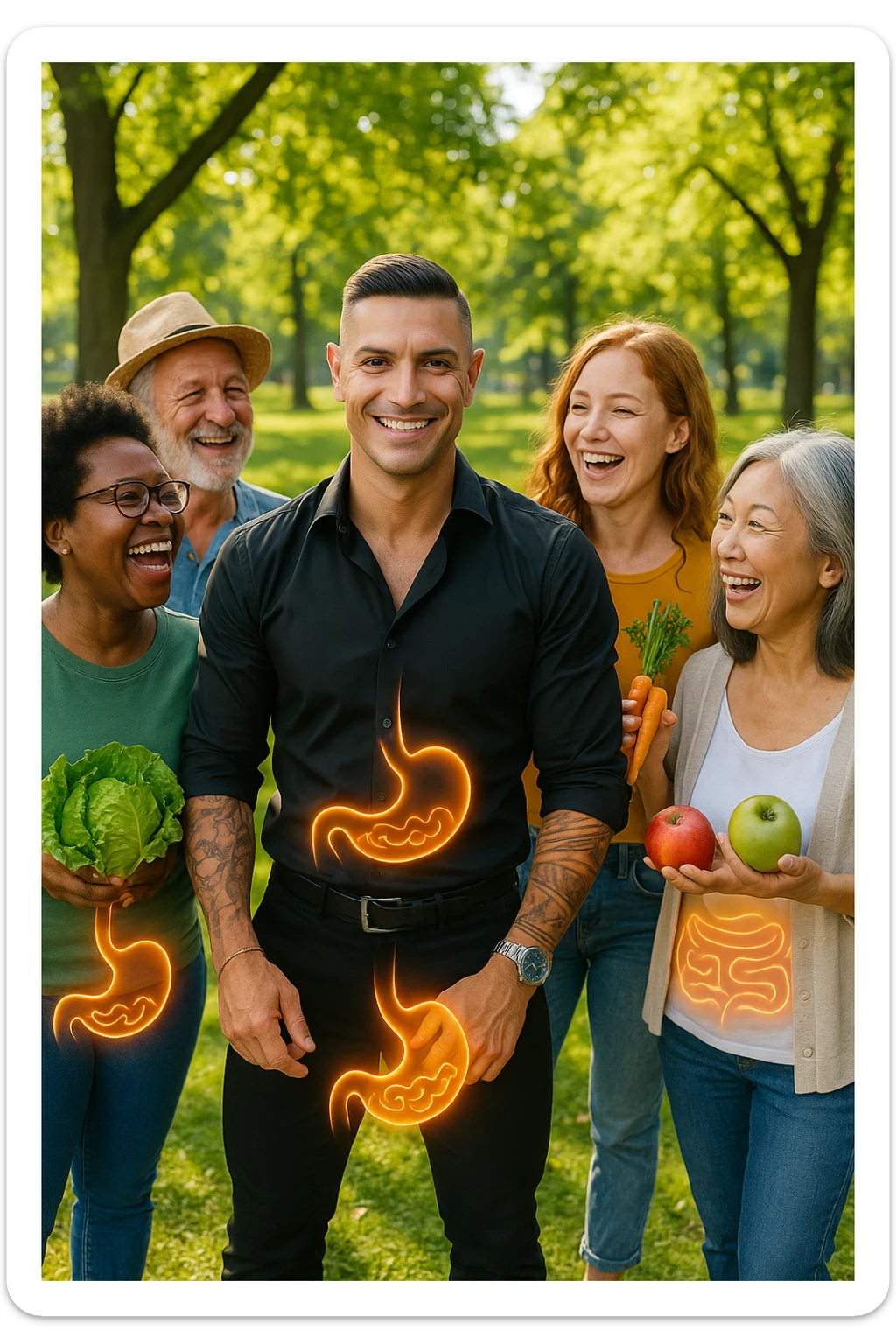  a smiling man stands at the center of a group of diverse, happy people in a bright park. Everyone has a subtle, glowing outline around their abdominal area, symbolizing a healthy gut. The group is laughing, sharing fresh fruits and vegetables, and the atmosphere is vibrant and full of energy. sticker