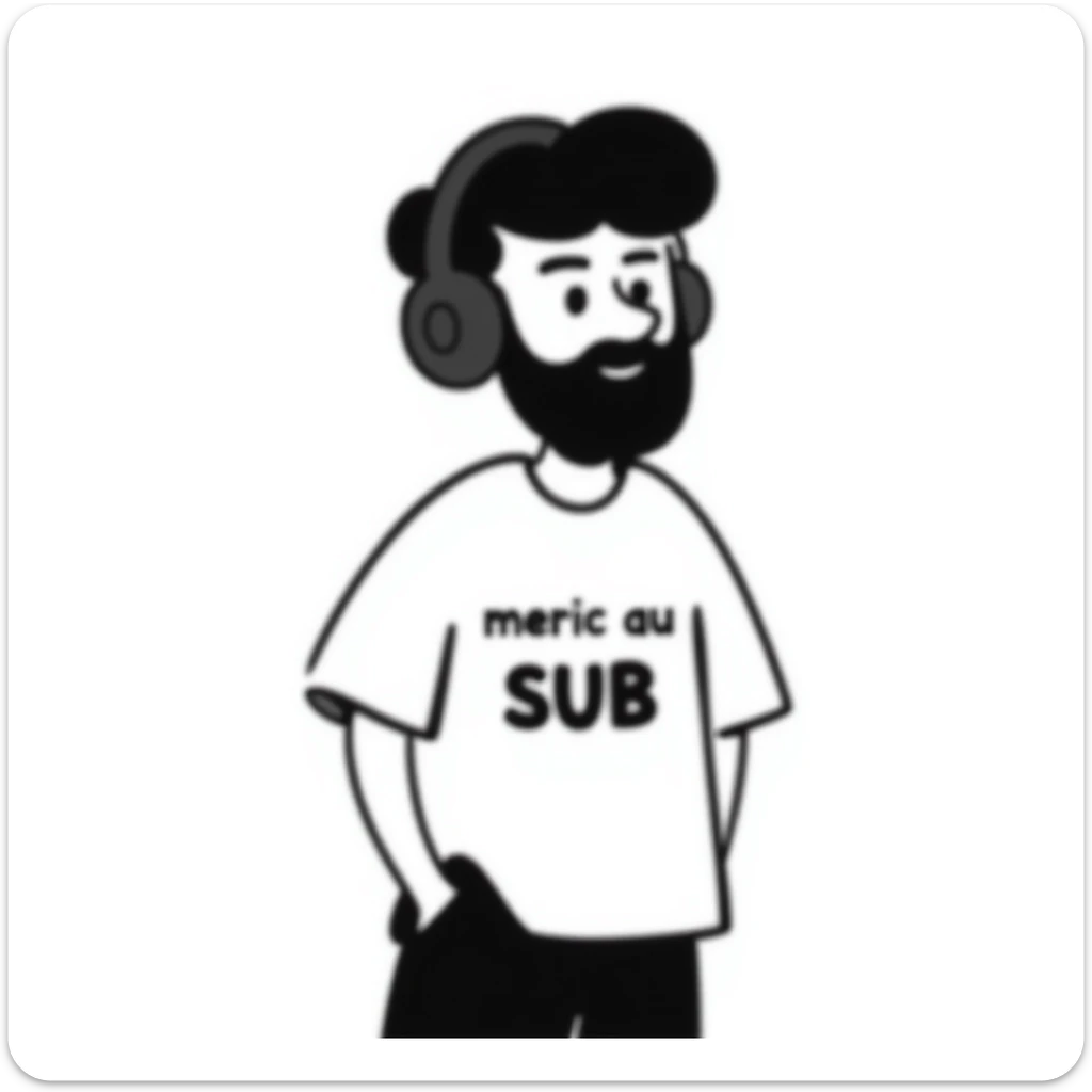 A person with black hair, brown eyes, and a black beard wearing a gaming headset saying "merci au SUB" sticker