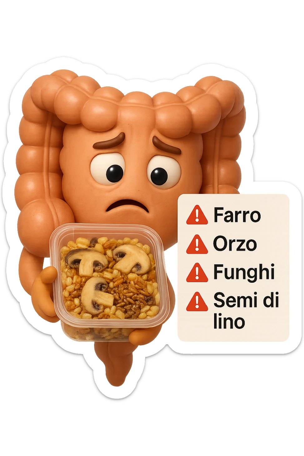 SU QUESTO STILE FAI UN EMOJI STILE IPHONE 3D DI UN INTESTINO CHE HA IN MANO UN insalata di farro mista CONFEZIONATa DA SUPERMERCATO E LEGGE L'ETICHETTA NUTRIZIONALE CON GLI INGREDIENTI IN ITALIANO, ACCANTO ALL'insalata CHE HA IN MANO C'è UN FOCUS SULL'ETICHETTA CON GLI INGREDIENTI SCRITTI, "Farro, orzo, funghi, semi di lino" accanto ad ogni nome scritto mettici un segnale di allarme, FAGLI UN ESPRESSIONE CONFUSA MENTRE LEGGE E FALLO MOLTO REALISTICO IN 3D sticker