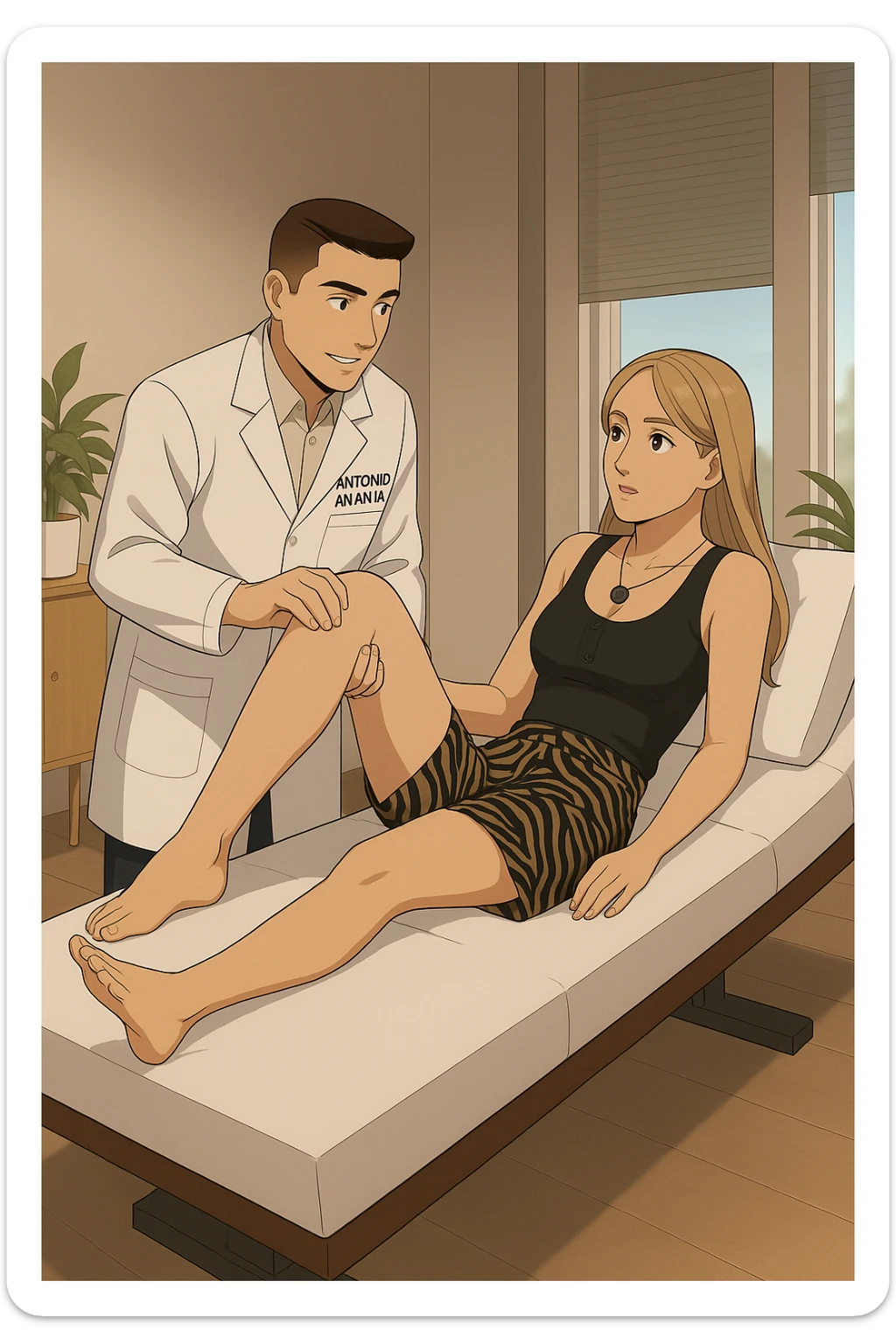 fai un webtoon/manga a colori con questo kinesiologo in camice bianco (fagli la scritta "ANTONIO ANANIA" SUL CAMICE) CHE SVOLGE UN TEST NEUROMUSCOLARE SOLLEVANDO UNA GAMBA ALLA RAGAZZA CHE è STESA SU UN LETTINO BIANCO. STANZA SEMPLICE E MODERNA, DURANTE IL TEST I DUE DIALOGANO TRA LORO. NON FARE I FUMETTI, FAI SOLO LORO COME SE DIALOGASSERO sticker