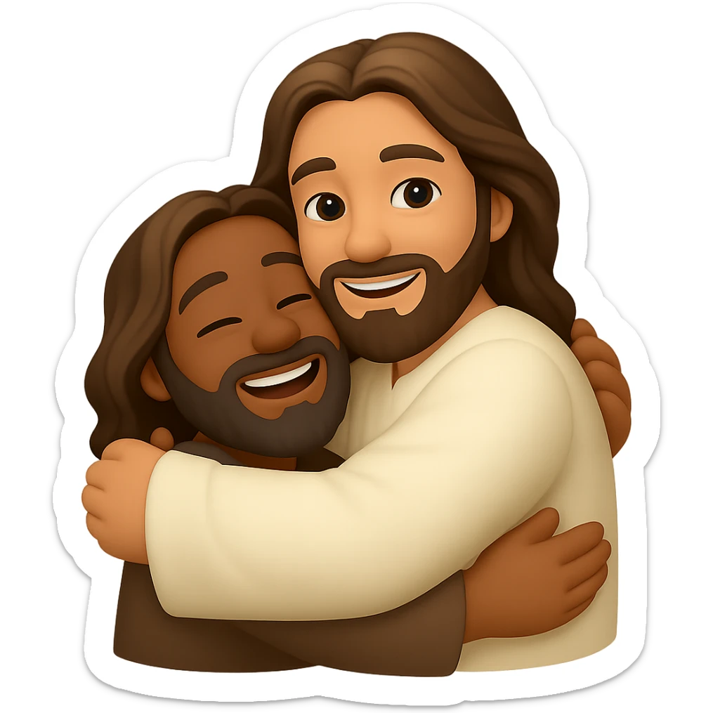 Create an emoji style image of Jesus hugging a person with eyes open, warm and inviting expression, transparent background. The style should resemble apple style emojis but with editing support, focusing on warmth and invitation. sticker