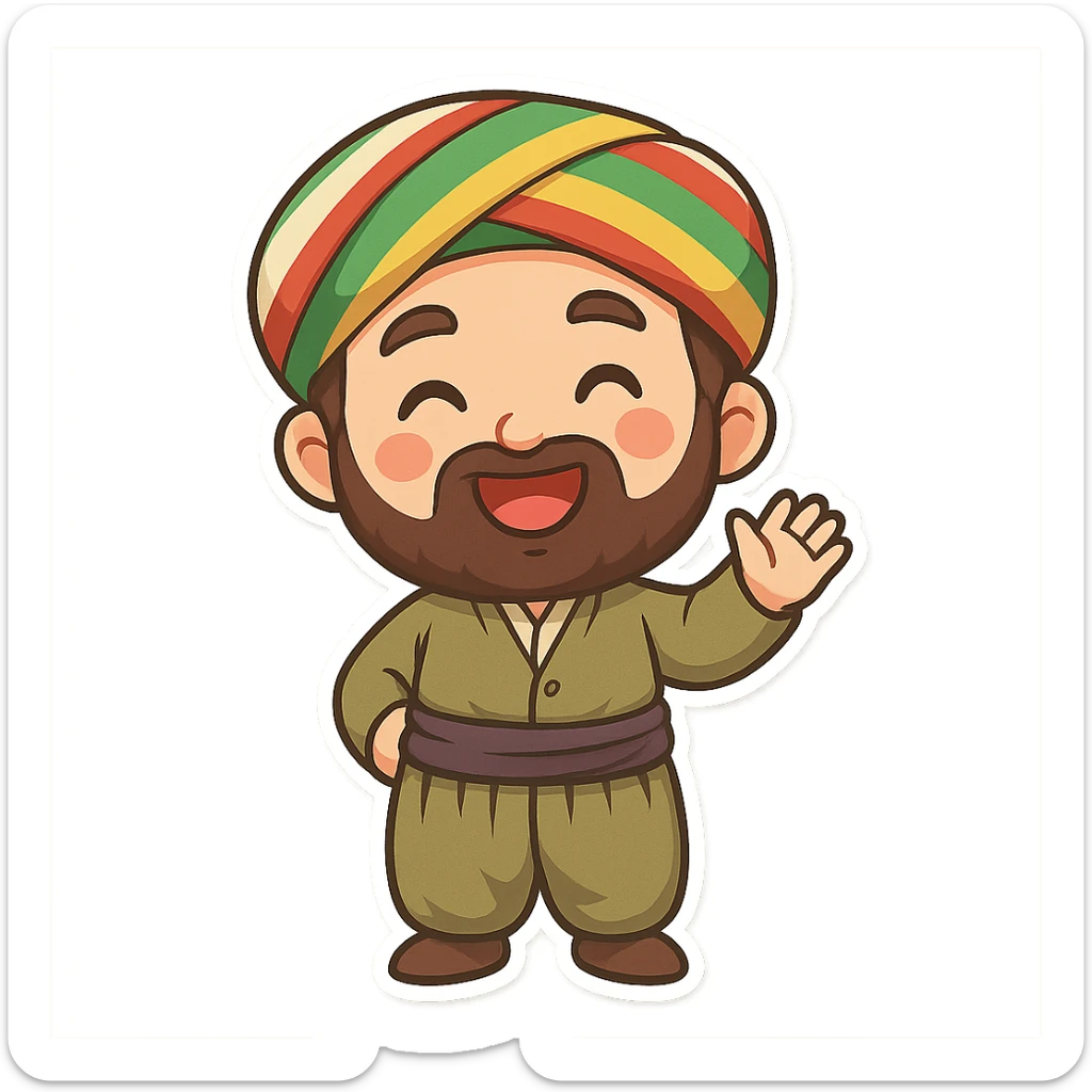 cartoon Kurdish man wearing traditional male Kurdish clothing, colorful and cheerful, no text, suitable for WhatsApp and Instagram sticker, transparent background sticker