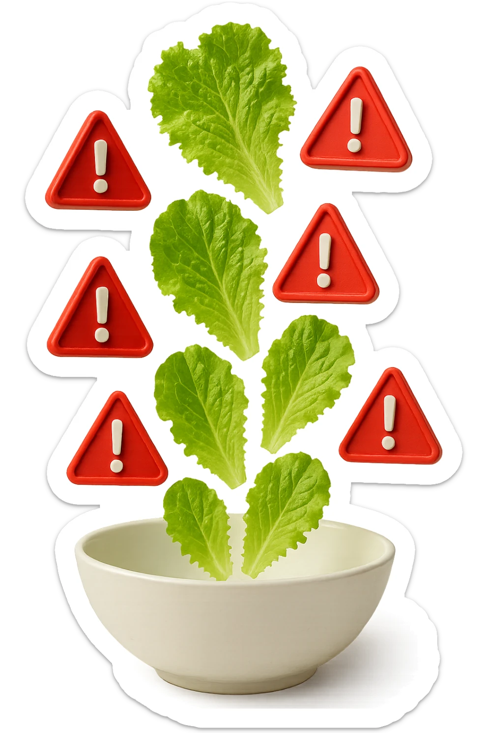 insalata che cade verticalmente in una bowl bianca insieme a segnali triangolari di pericolo con punti esclamativi rossi in 3d, iperrealistica 4k sticker