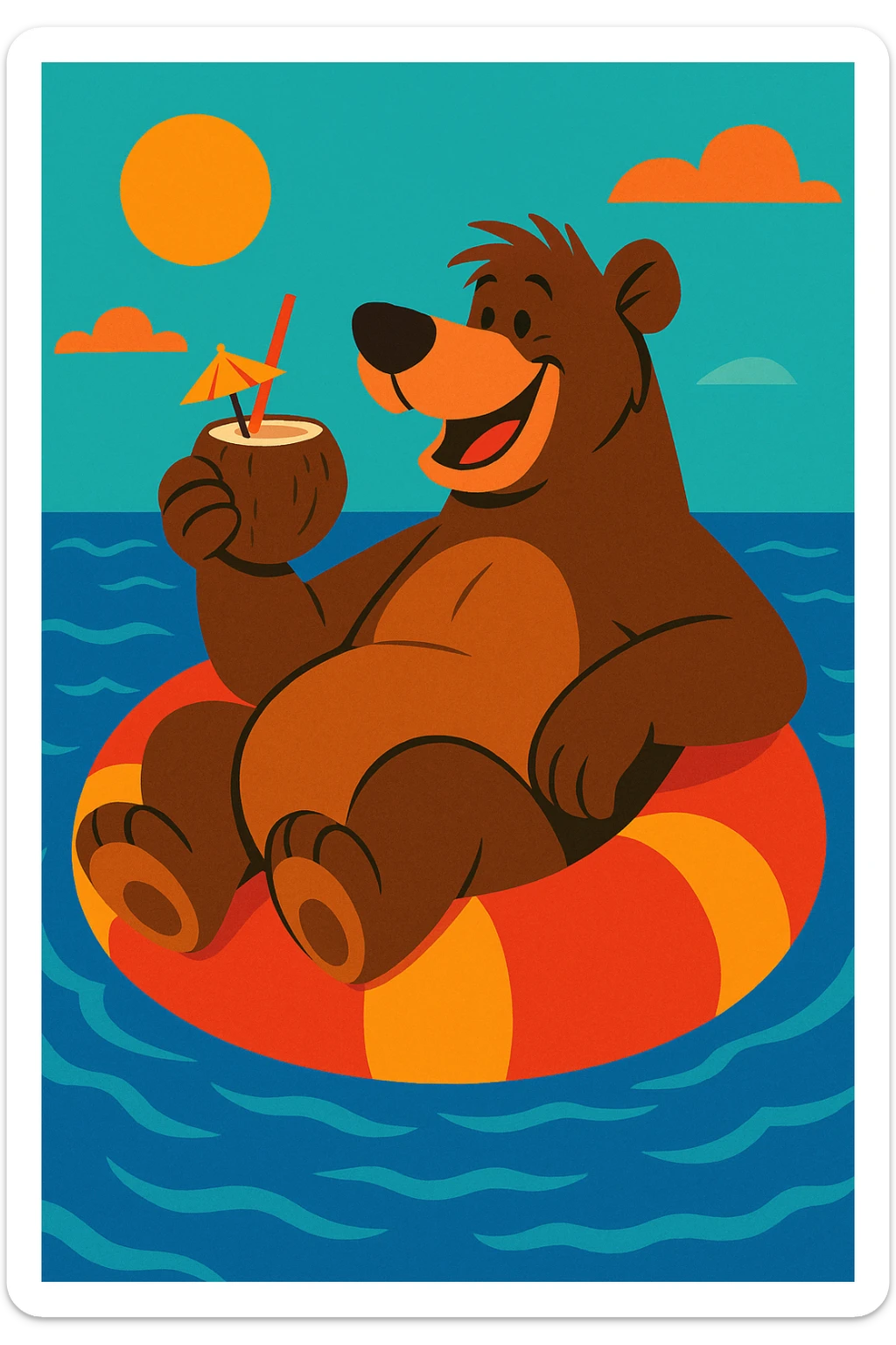 Baloo the bear floating on an inflatable in the sea, holding a coconut drink, fun vacation vibe, colorful illustration sticker