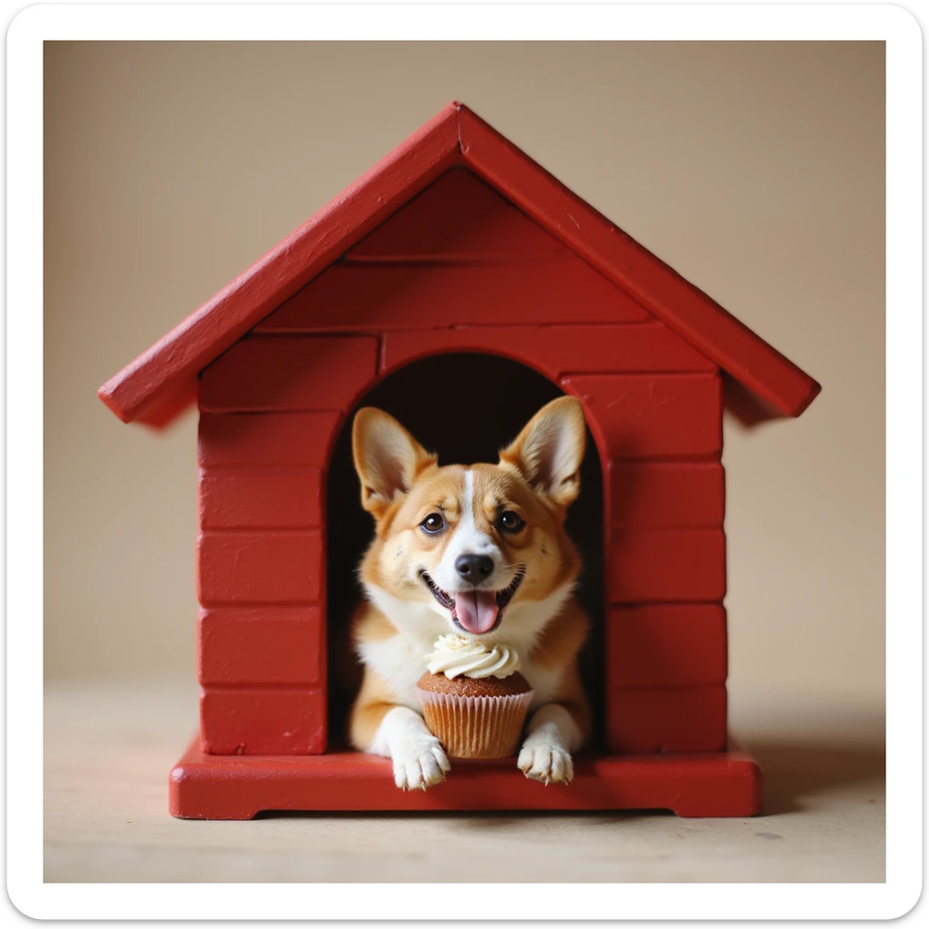 realistic red dog house with a Corgi dog inside, Corgi with a cupcake, photorealistic style sticker
