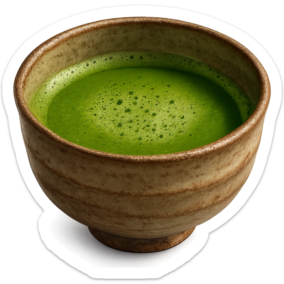 a cup of matcha, vibrant green, in a traditional Japanese tea bowl, detailed, vibrant colors sticker