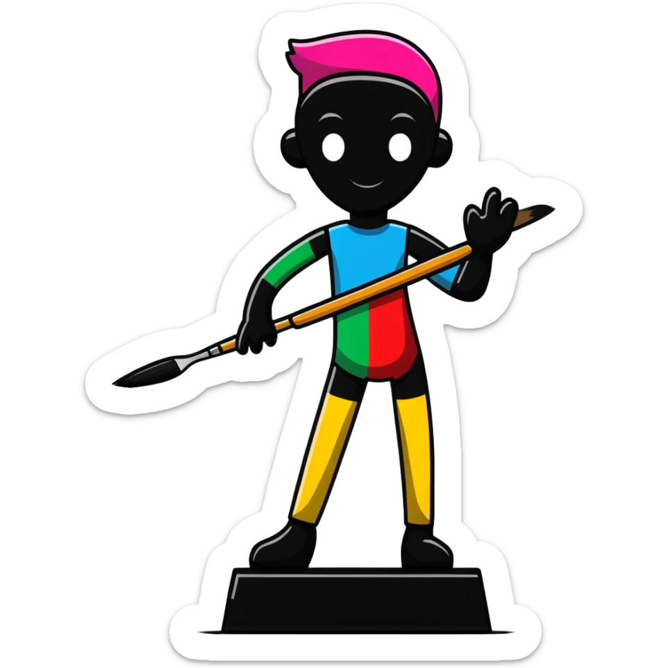 A paintbrush transforming into a 3D metal human silhouette sculpture, symbol of artistic identity, with defined sculptural details sticker