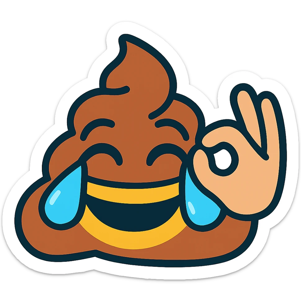 merged emoji of poop emoji, OK hand emoji with light skin tone, and face with tears of joy emoji in vibrant toon style, all elements blended sticker