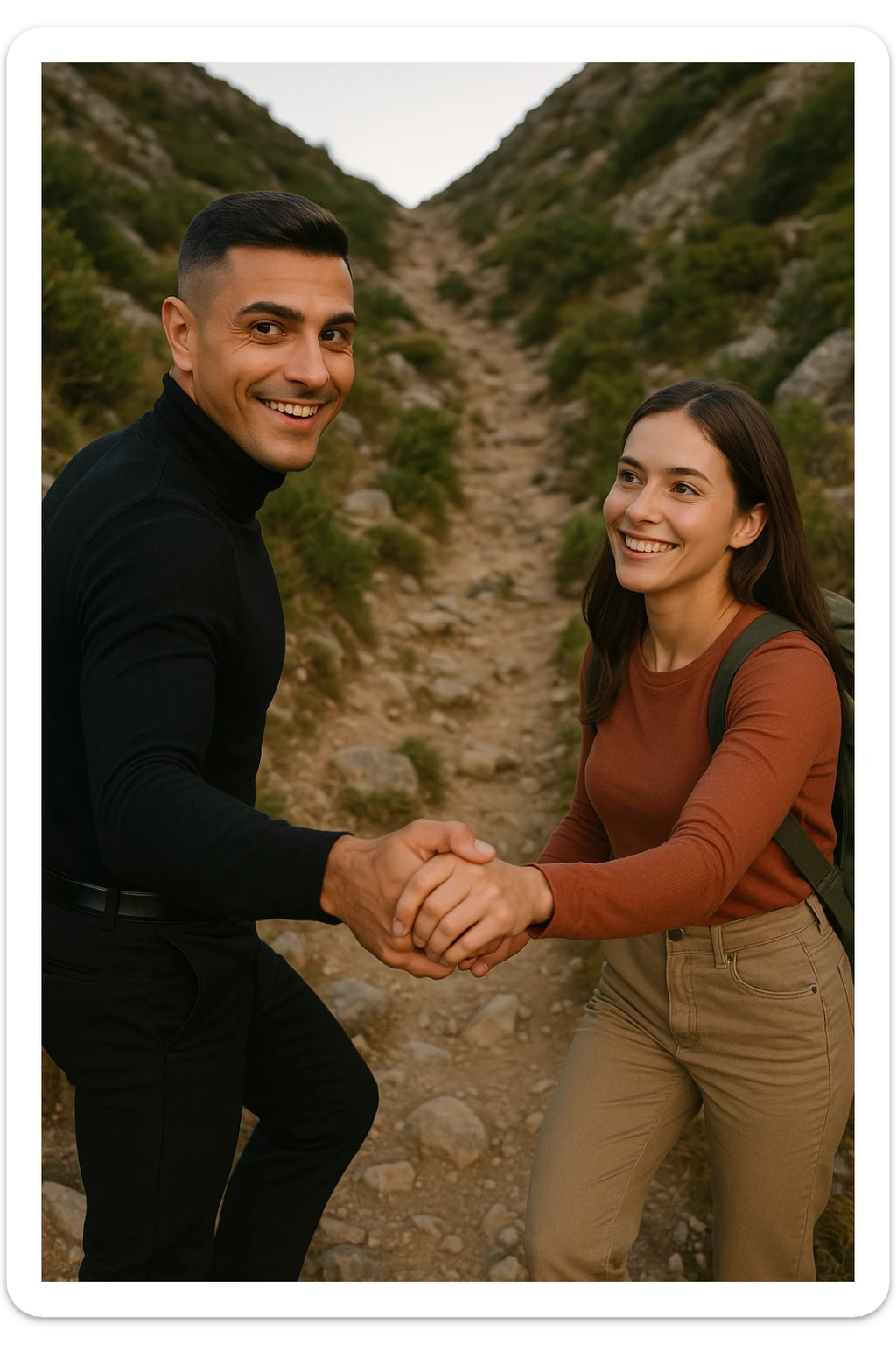 a man and woman climb a mountain trail together, the man leading but frequently looking back to ensure the woman is comfortable and supported. The woman follows with determination and a smile, symbolizing trust, encouragement, and the value of supportive leadership within a relationship. sticker