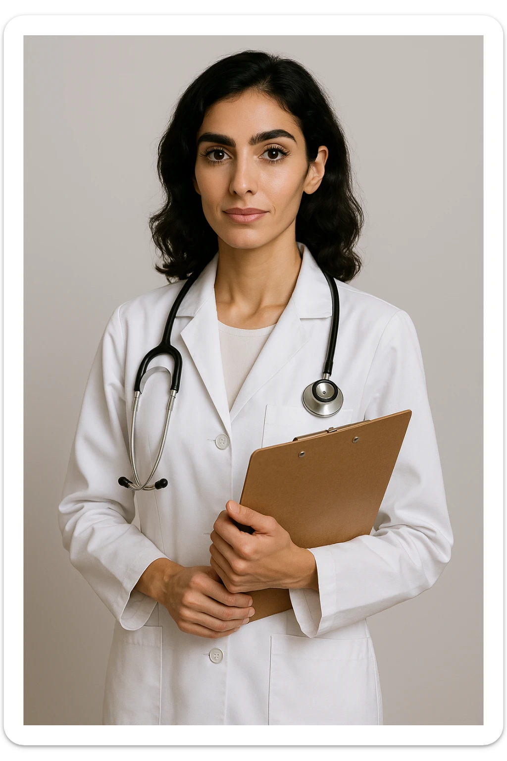 Arab doctor, 46 kg, 173 cm, medium black-brown hair, black eyes with long lashes and thick eyebrows, beautiful mouth, defined facial bone structure, prominent cheekbones, chin with a dimple (غمازة ذقن), wearing medical attire, holding a clipboard, elegant and professional sticker