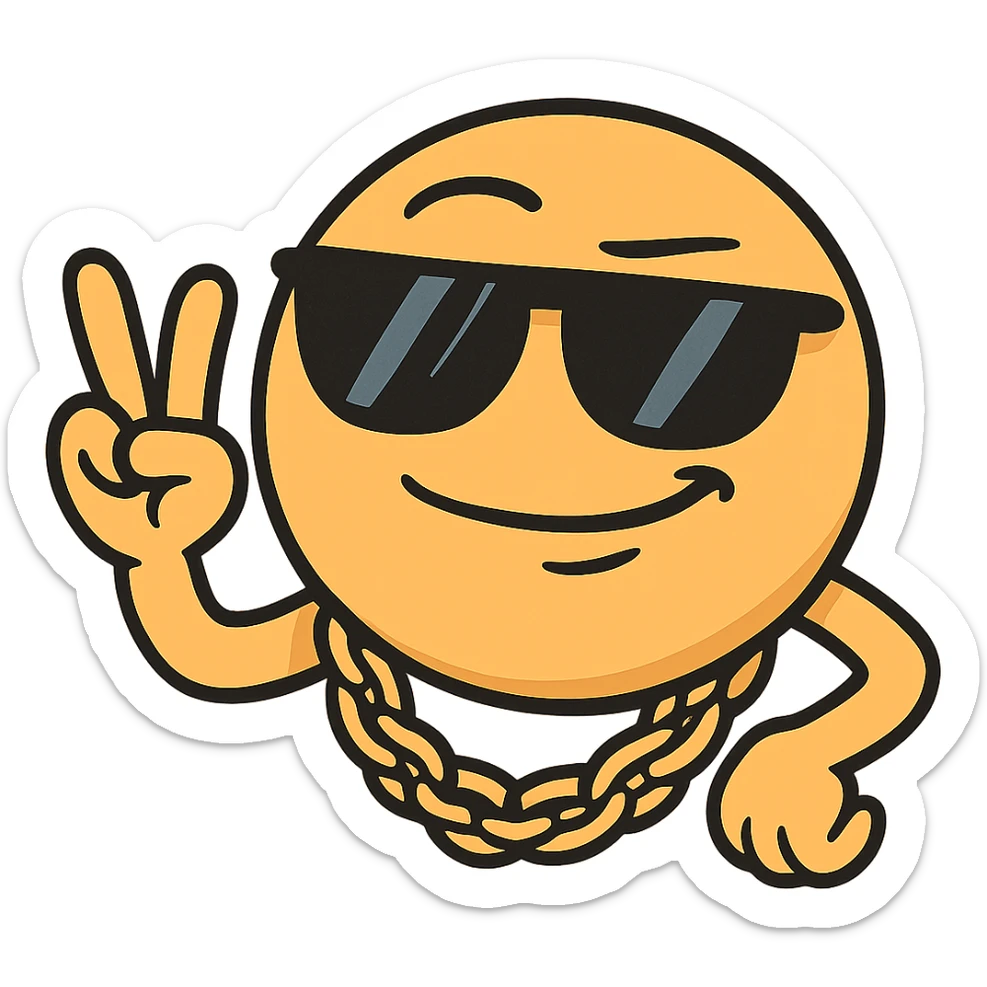 emoji with sunglasses and gold chain, cool attitude, street art cartoon style sticker