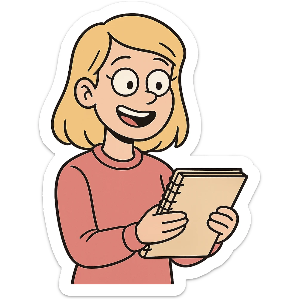 A blonde girl wearing a pink sweater, holding a notebook in her hands, smiling sticker