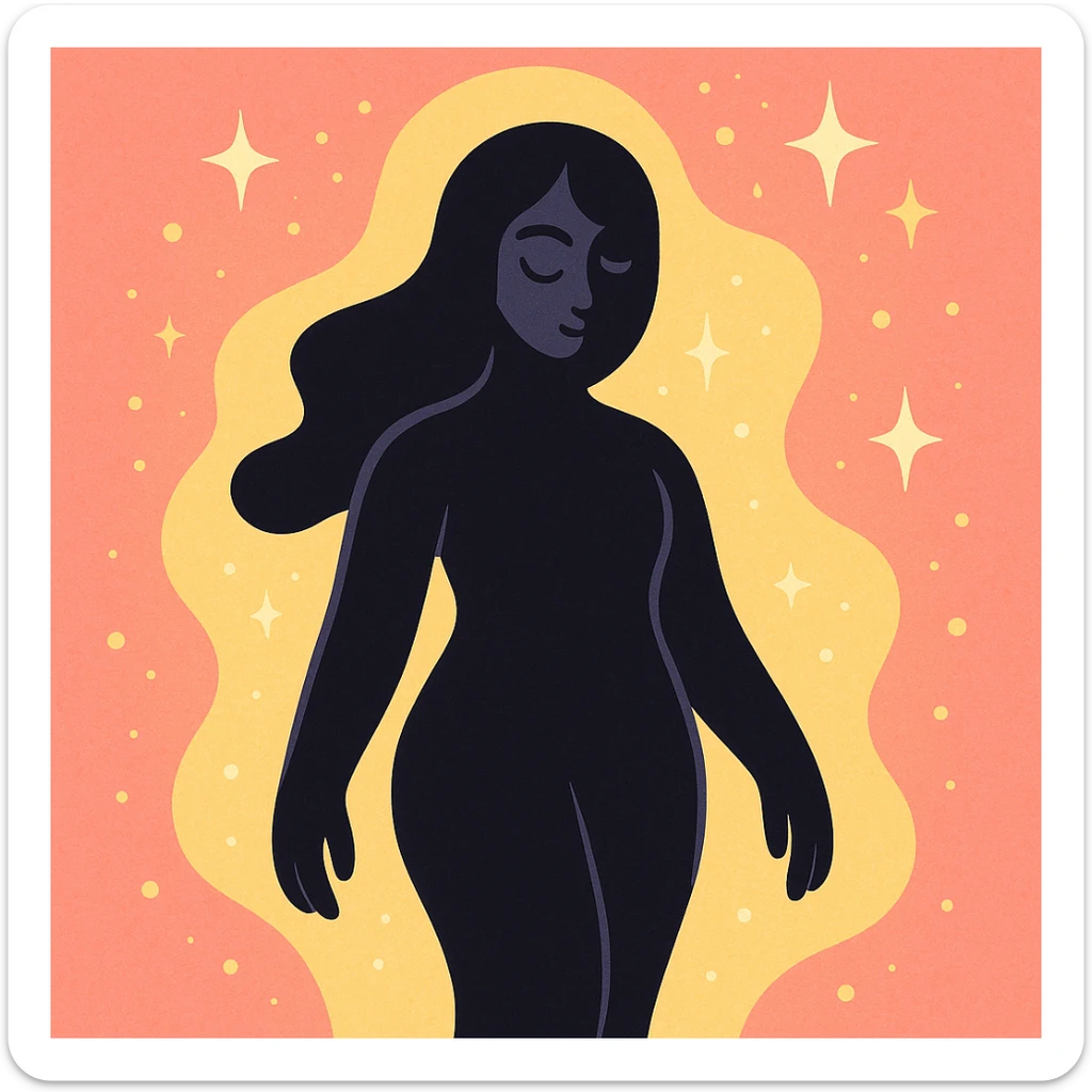 silhouette of a figure with flowing curves, radiating stillness and mystery, surrounded by shimmering energy sticker