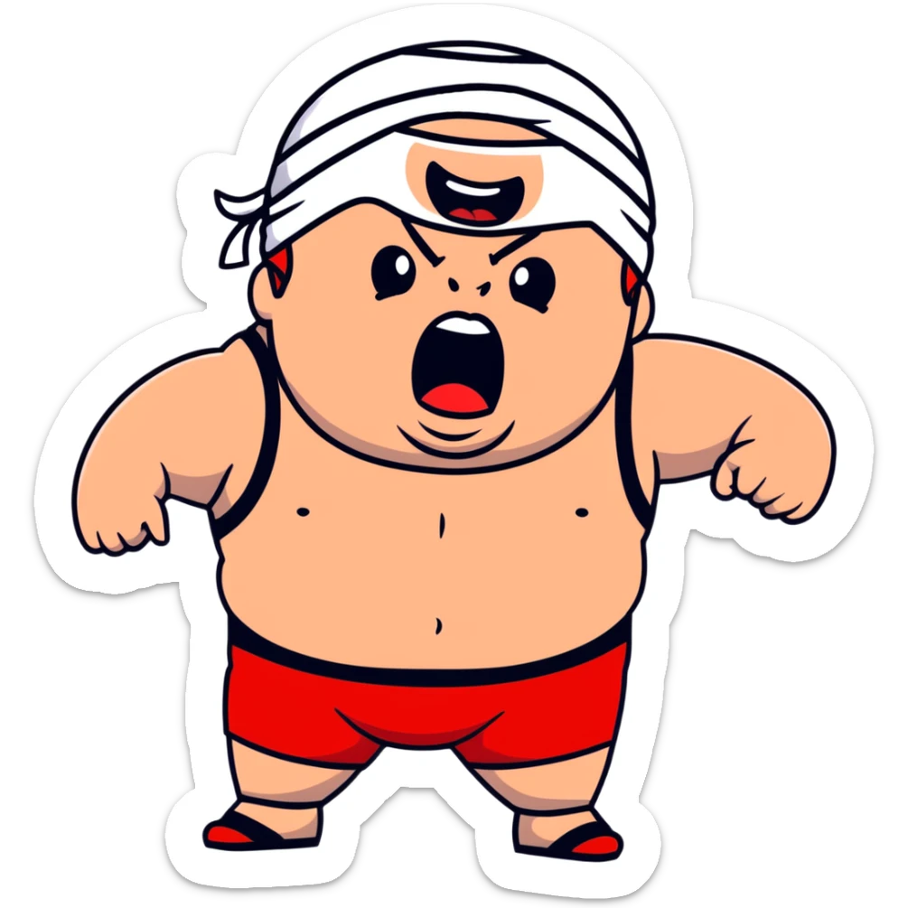 Extreme close-up of face of morbidly obese white skin guy with young face, prominent BLACK DURAG tied clearly on head, black beard but no mustache, clean shaven upper lip, black eyes in a red and black wrestling singlet with mouth wide open screaming angrily sticker