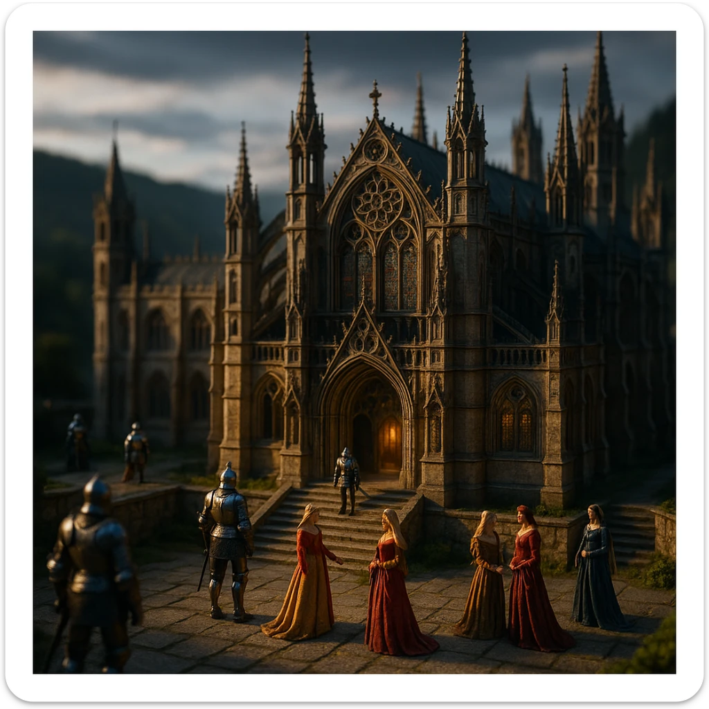 highly detailed 3D tilt-shift model of a medieval Gothic palace with knights and beautiful ladies, dramatic cinematic lighting, epic mood, blurred natural landscape background sticker