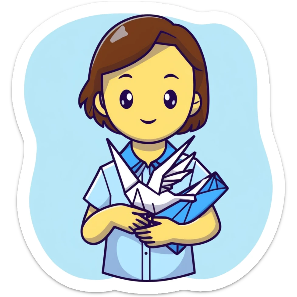 Ukrainian young girl with brown hair wearing a white embroidered shirt holds an origami yellow-blue crane sticker