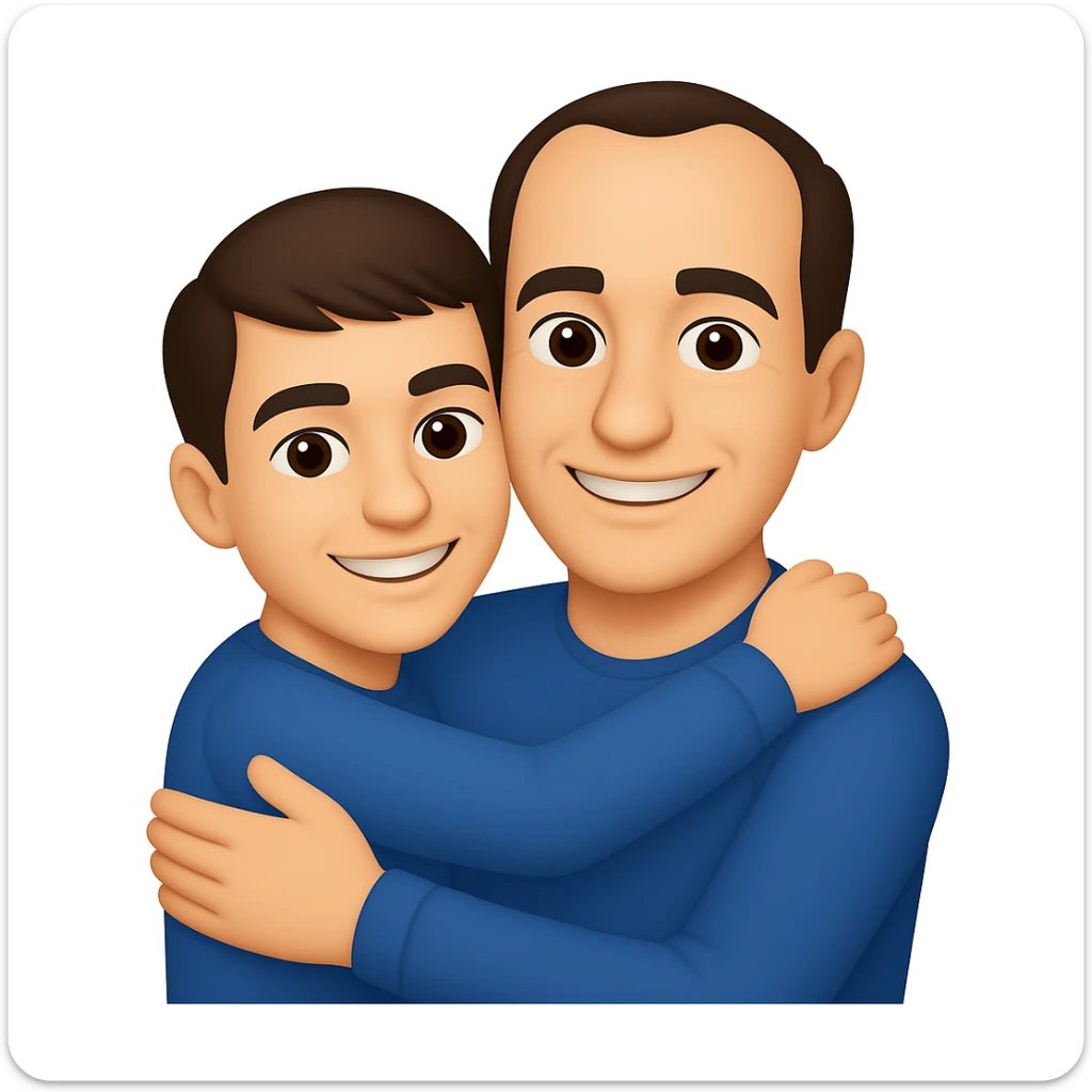 Make the son a 15 year old with dark brown hair, and the father a 39 year old good looking man with a crooked hairline, in the style of apple emojis. The style is colorful, simple, and iconic like apple emoji style. sticker