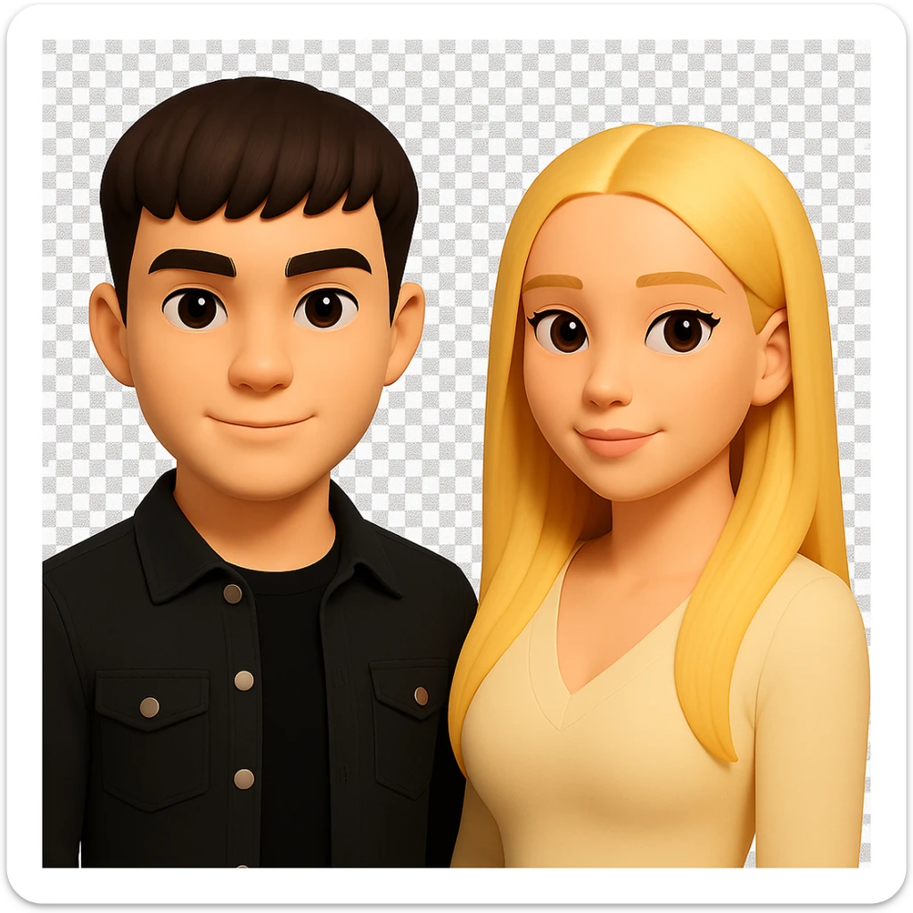 Slightly increase the volume of the upper body of the girl, separate the girl and the boy from each other, make the skin color the same for both characters. Maintain the cartoonish 3D style. Keep the background transparent. sticker