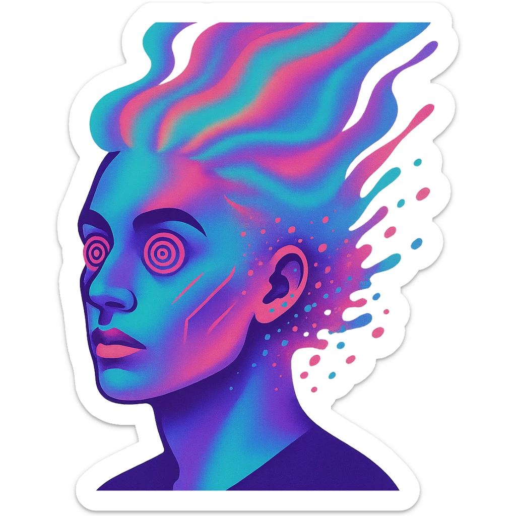surreal portrait of a person with neon skin, face dissolving in an explosion of colors, airbrush effect, hair as swirling liquid color streams like northern lights, hypnotic spiral eyes, geometric elements along face contour, paint particles flying away, acid purple, turquoise, and electric pink blending, sense of movement sticker