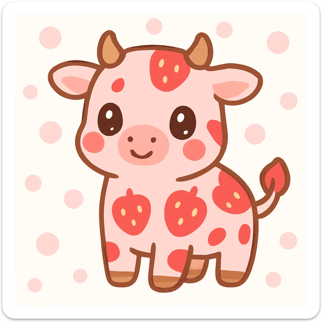 cute strawberry cow, kawaii style, pink and red, cartoonish, big eyes, with strawberry spots sticker