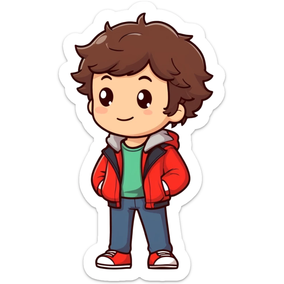 Garoto de cabelo castanho ondulado usando uma jaqueta vermelha full body  sticker