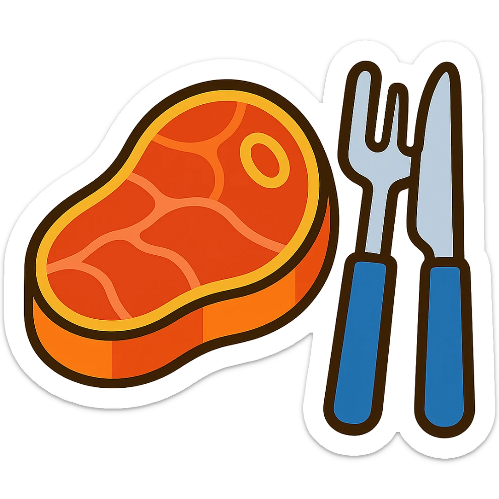 Add a fork and knife next to the steak, keeping the vibrant toon style, with no background. sticker