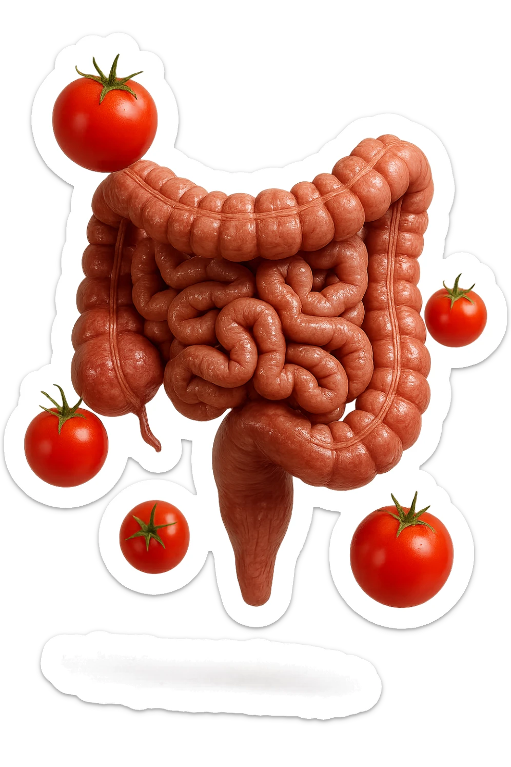 intestino umano anatomico con pomodori che gli fluttuano intorno, iperrealistico 4k sticker