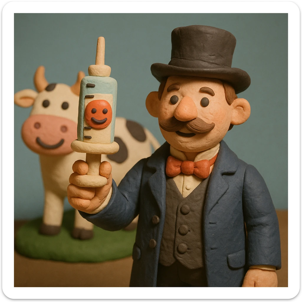 A Victorian doctor holding up a vaccination with a smiling face with a cartoon happy cow in the background sticker