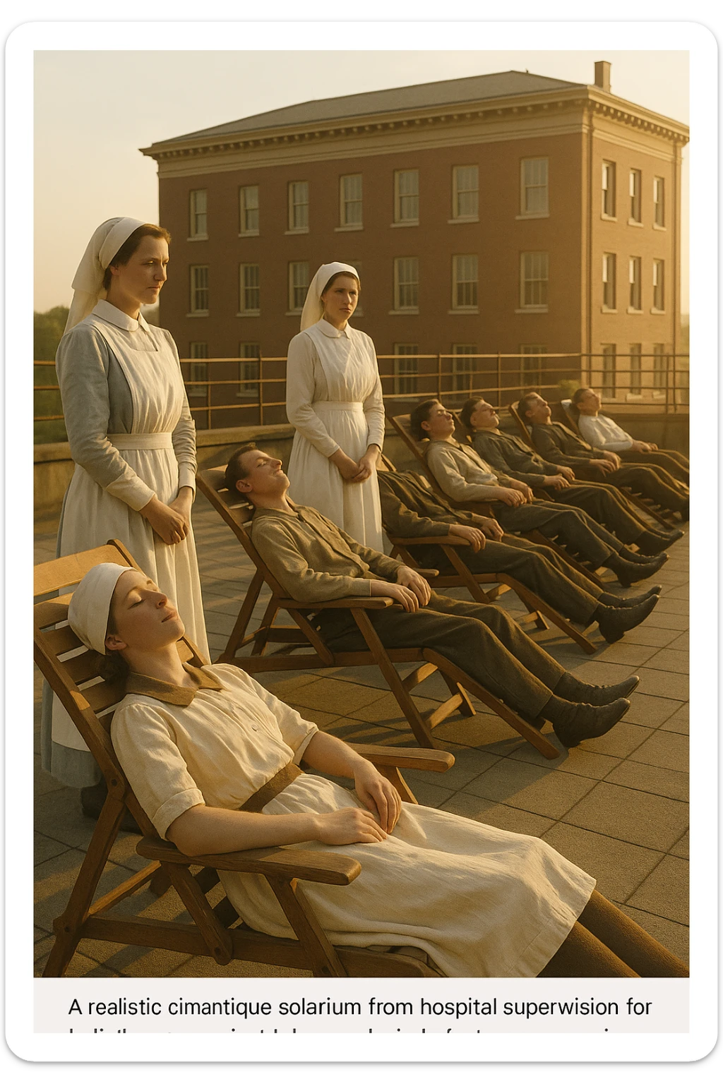 A realistic cinematic image of a hospital rooftop solarium from the 1900s, patients sunbathing under nurse supervision for heliotherapy against tuberculosis and rickets.” sticker