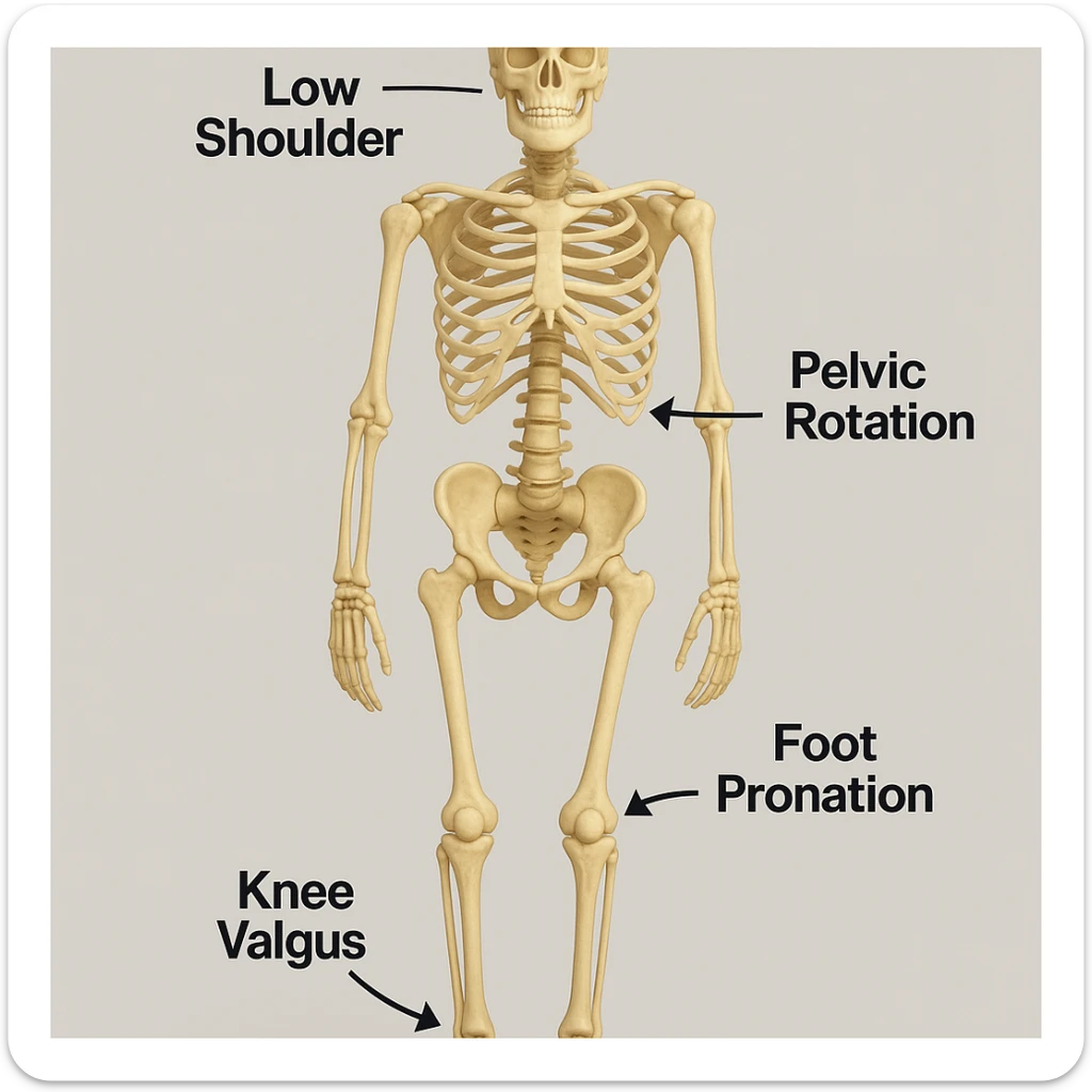 An anatomical illustration of limb length discrepancy (dismetria) in a medical style with a neutral background. The skeleton shows one leg shorter than the other, with pelvis and shoulders misaligned. Include arrows and labels indicating asymmetry, inspired by the reference image. sticker