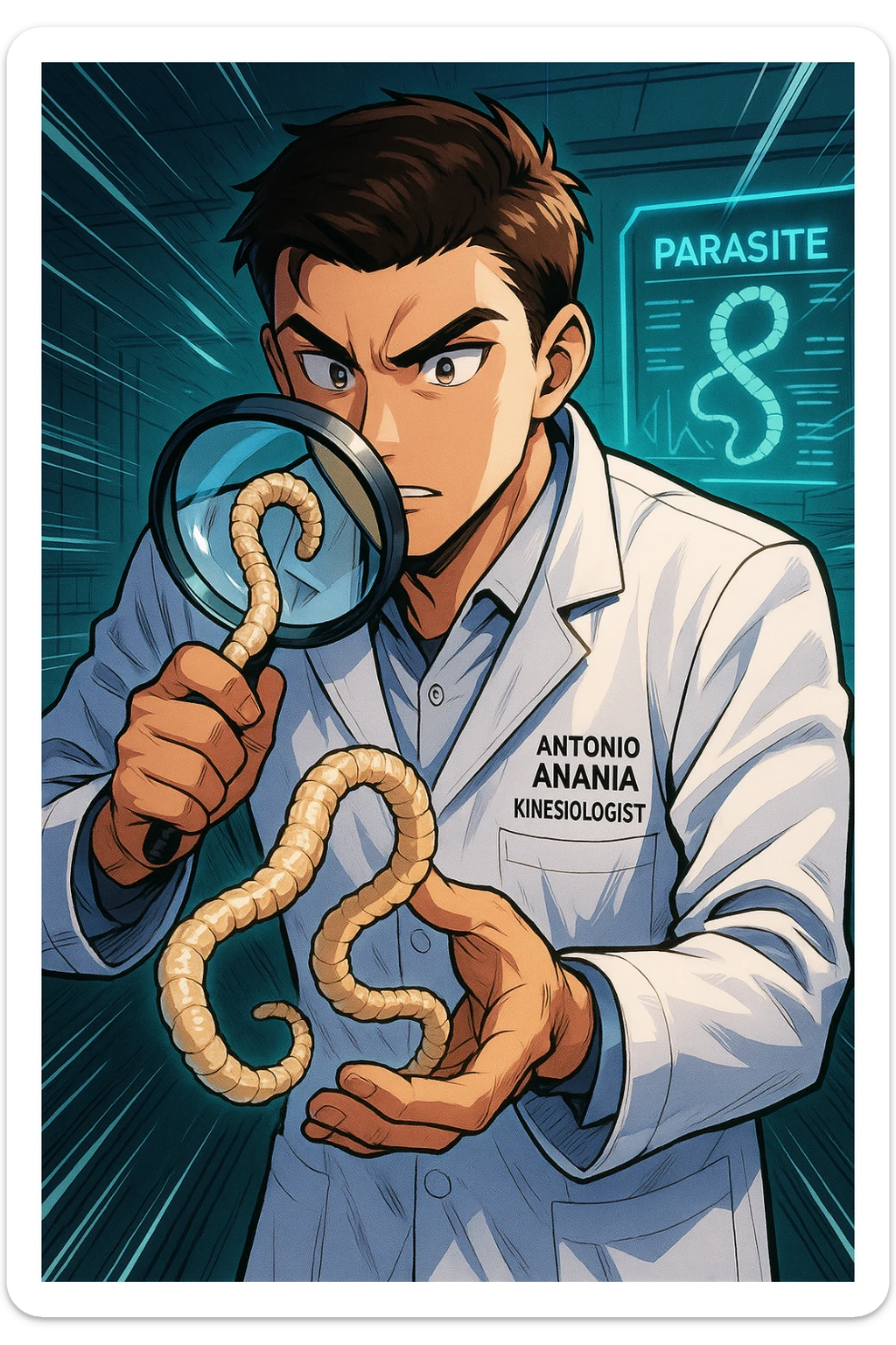 A dynamic manga/webtoon-style illustration of a young male kinesiologist wearing a clean white lab coat, analyzing light beige worms like a tapeworm under a magnifying glass. His expression is focused and slightly intrigued, with sharp, detailed eyes. The art style is vibrant, with bold linework, rich colors, and dramatic lighting. The background is a futuristic laboratory with glowing holographic screens displaying parasite data. The tapeworm is intricately drawn, slimy and segmented, with a slightly exaggerated yet realistic texture. The composition is dynamic, with motion lines or energy effects to emphasize his scientific investigation. The atmosphere is intense but not dark, keeping a balance between scientific seriousness and stylish manga aesthetics, he has "ANTONIO ANANIA" WRITTEN ON WHITE LAB COAT sticker