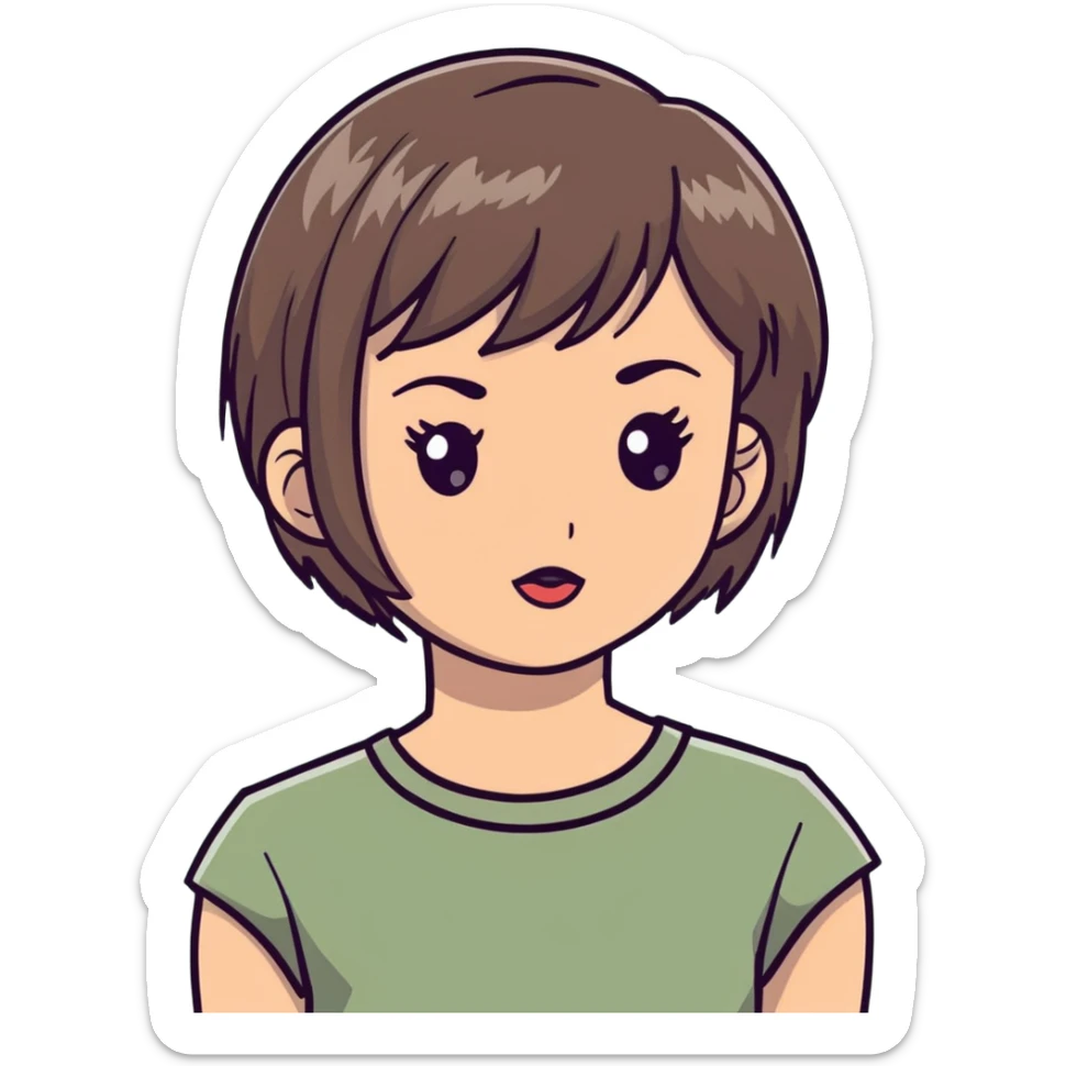 White girl with short wolfcut hairstyle, brown eyes, straight hair, wearing a sage green top sticker