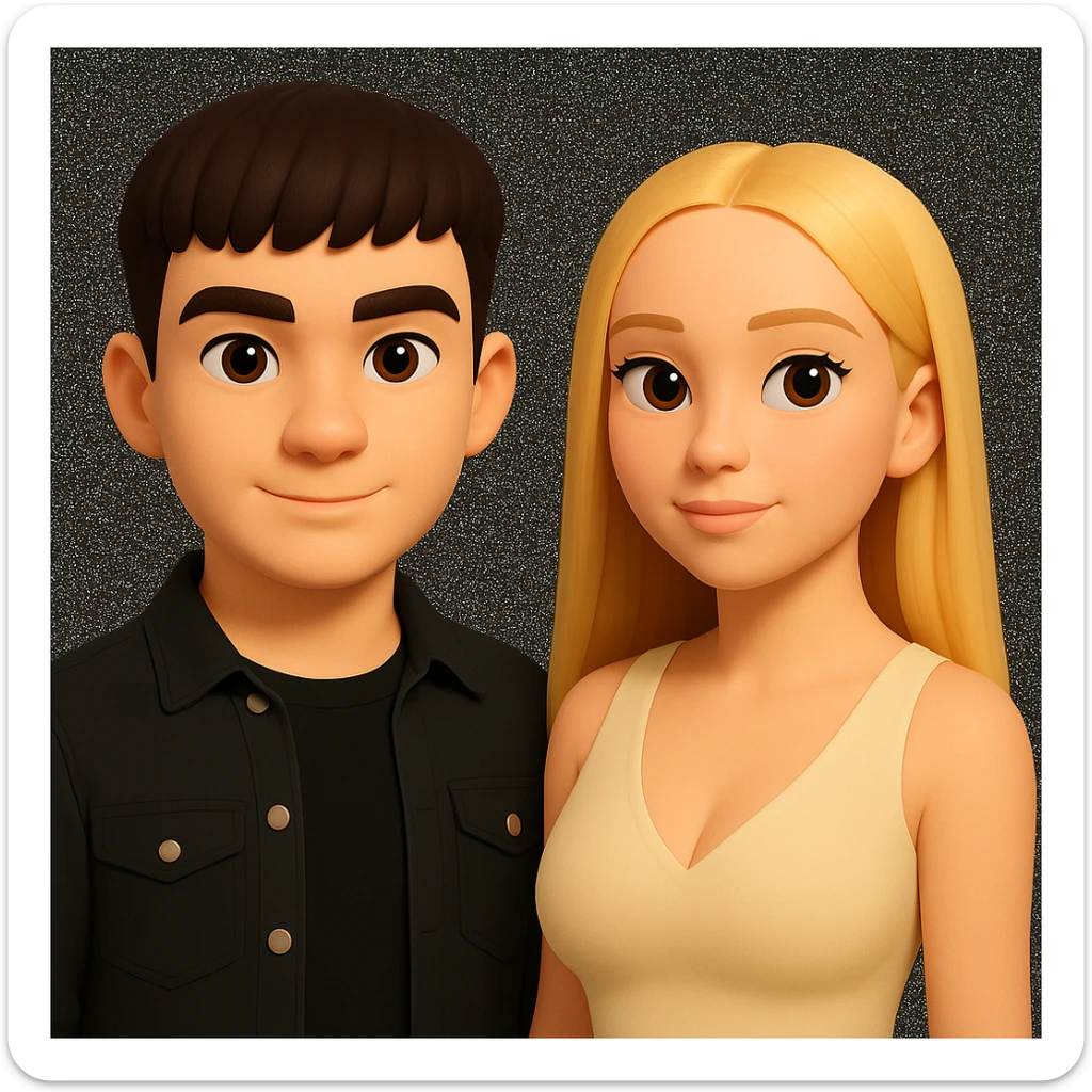 Slightly increase the volume of the upper body of the girl, significantly spread them apart from each other, make the skin color the same for both characters, while preserving the cartoonish 3D style as in the reference image. sticker