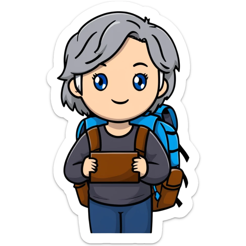 white woman park ranger with blue eyes, brown and gray hair, wearing a backpack sticker
