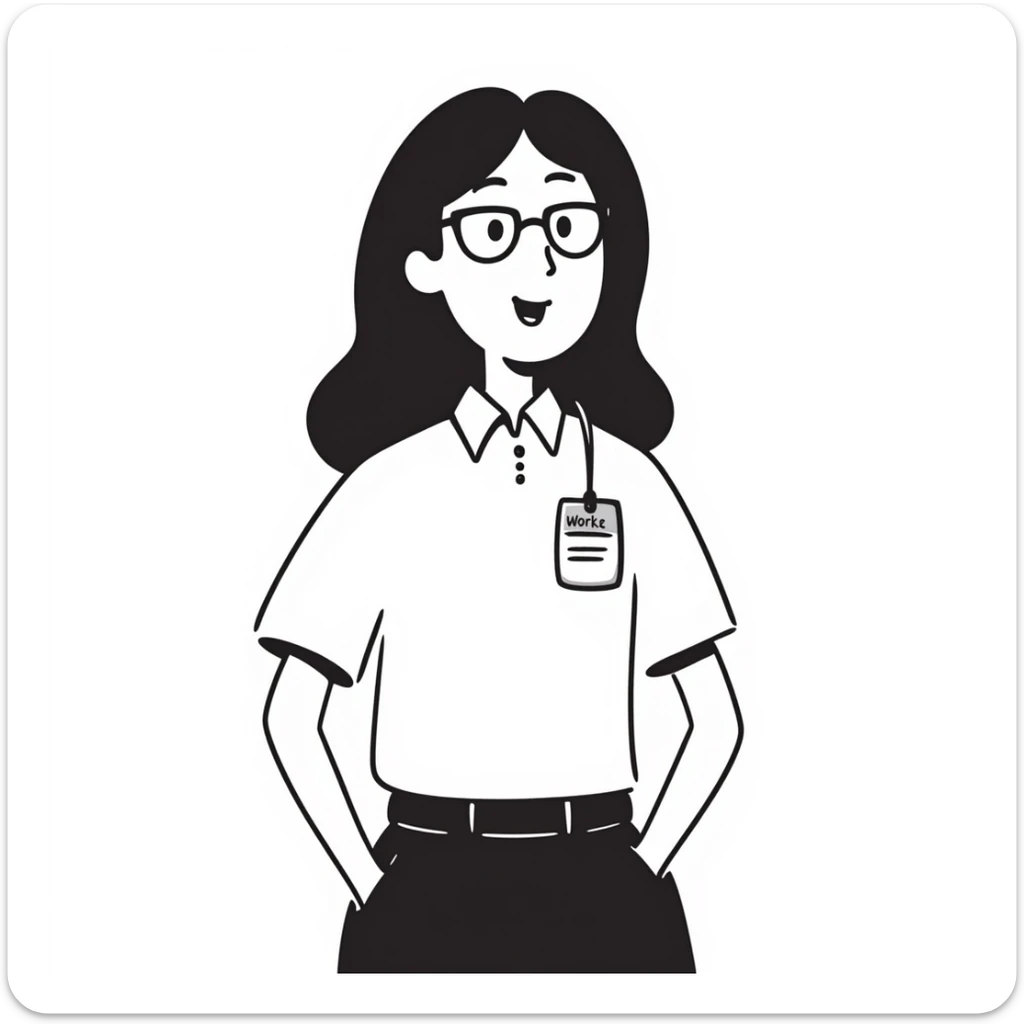 Asian girl, glasses, white shirt, work tag with her Asian young male boss's name, simple line drawing style sticker