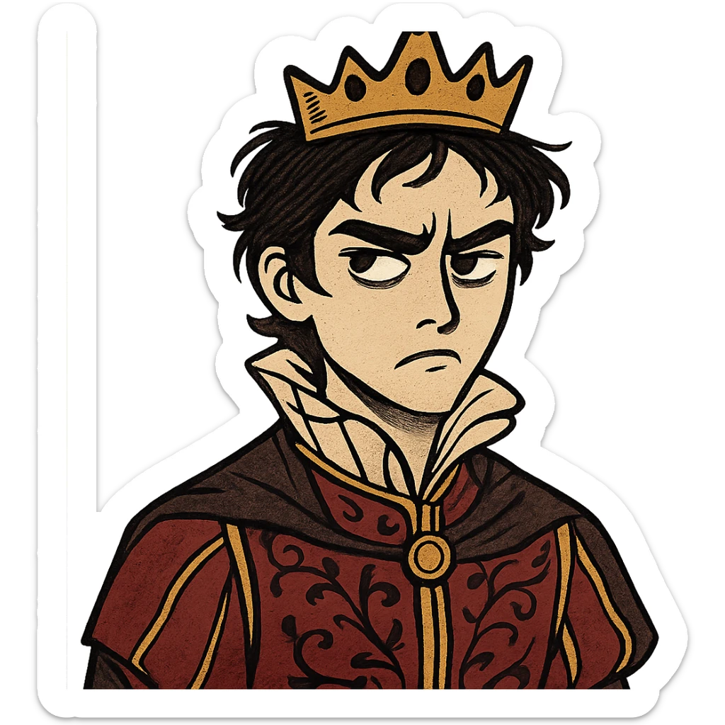 annoyed prince with crown, very light skin, dark eyes, dark hair, distinct style sticker