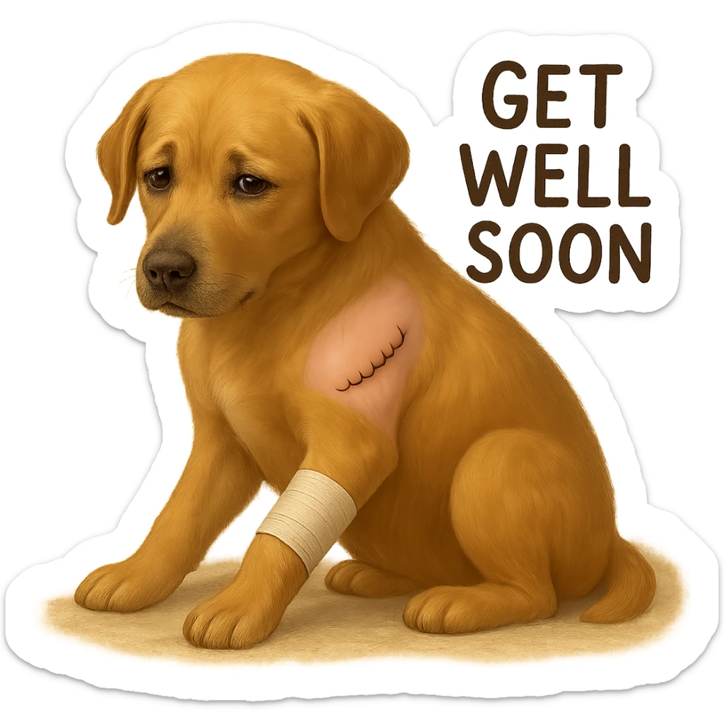 Add a 'get well soon' sign next to the dog. Keep the background transparent. sticker