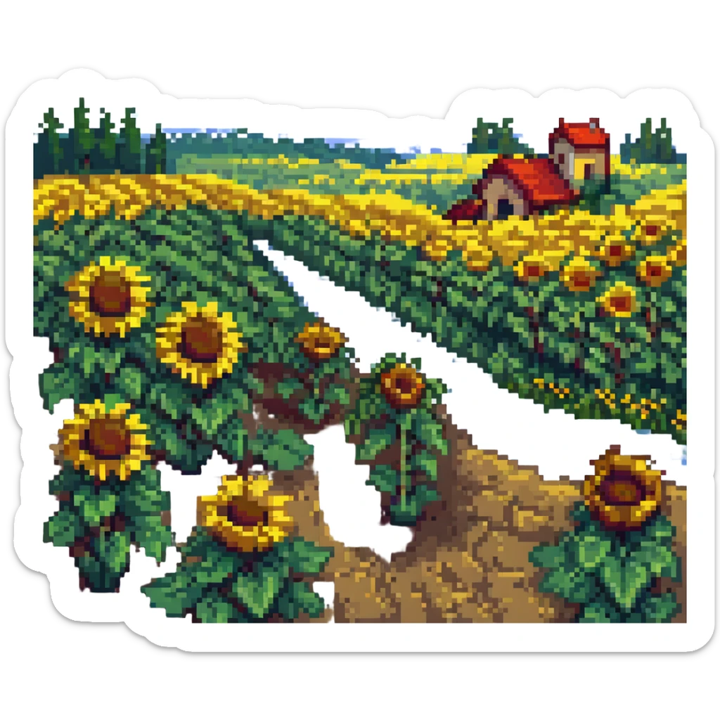 Ukrainian landscape with sunflowers in pixel art style, bright and colorful sticker