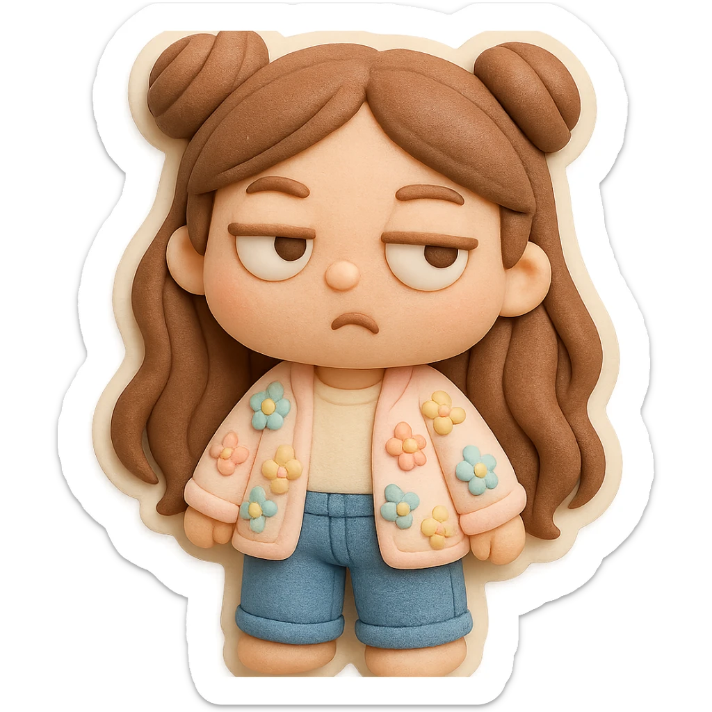 3D chibi girl in fondant cake art style, high-quality rendering with smooth shadows and soft gradients, long brown hair in two space buns, brown eyes, jeans, pastel floral cardigan, thick white outline like a sticker, transparent background, rolling her eyes like oh please, preserve facial features from reference image sticker