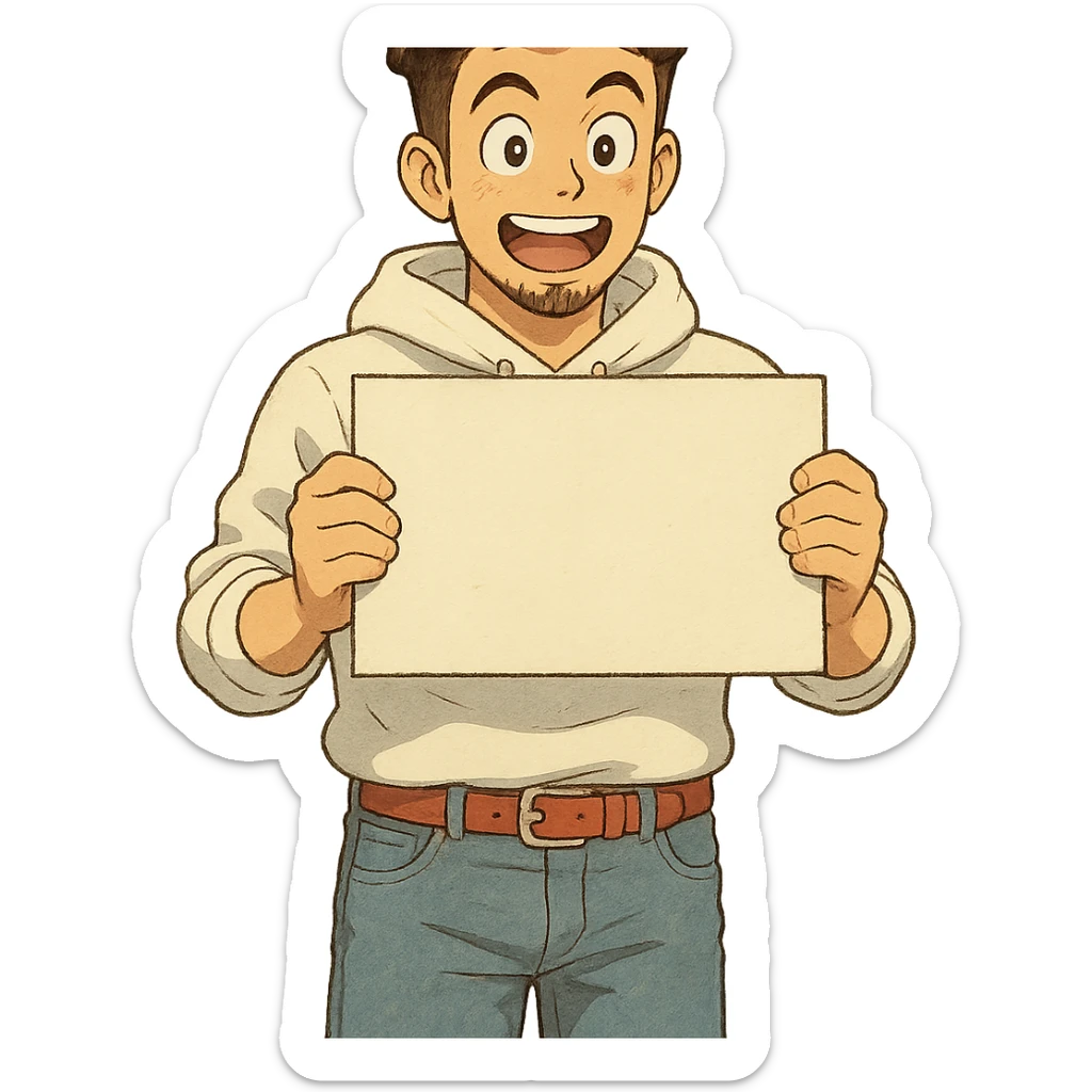 1 male, mid fade haircut dark chestnut brown curly hair, toasted lightskin, white hoodie sleeves up, fashion jeans, red fashion-sneakers shoes, red belt, short trimmed beard and goatee,  style of deku from "my hero academia", pose: holding a blank poster shoulder level, the image is framed from the waist to above the top of the head, facial expression is excited sticker