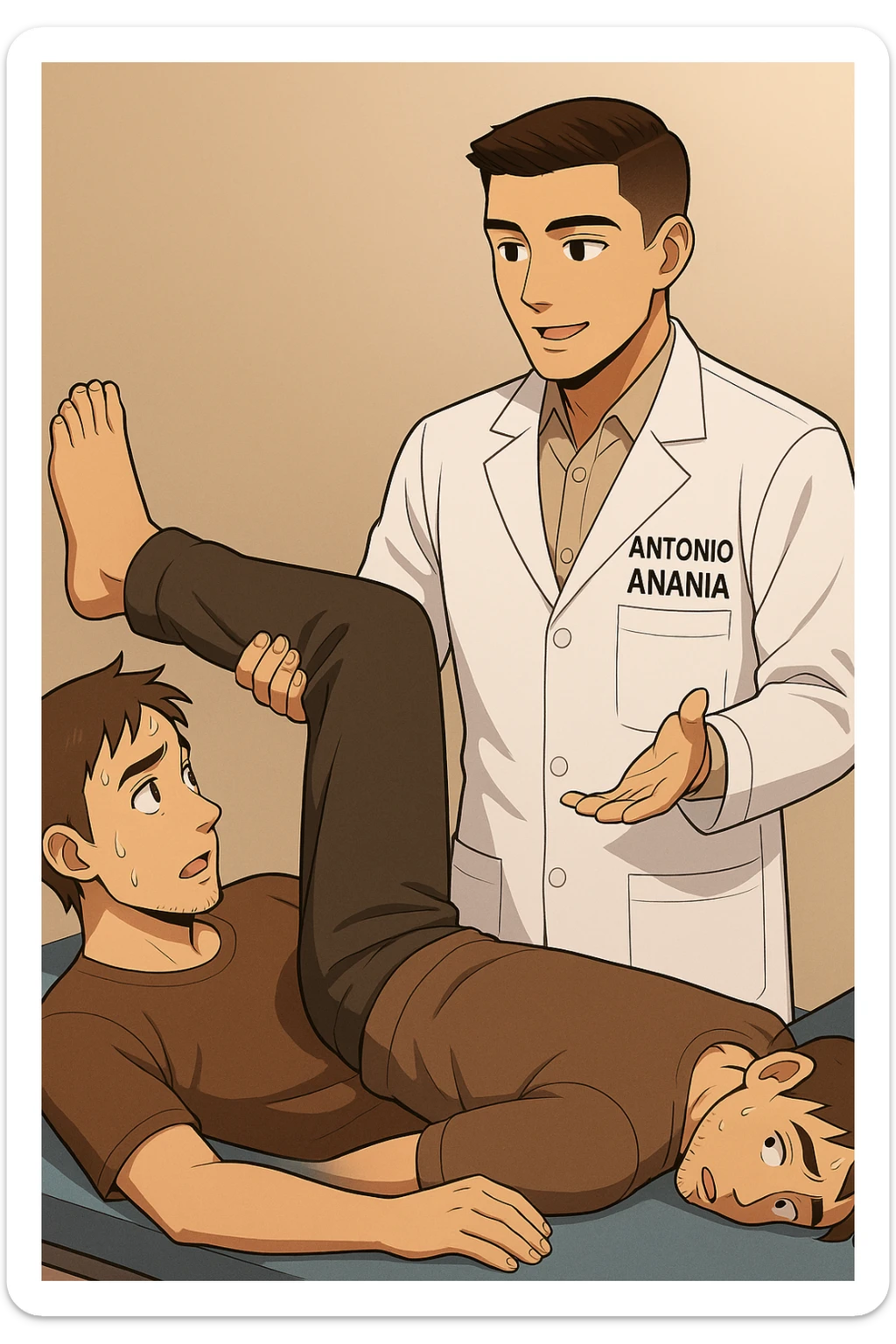 fai un webtoon manga a colori con questo stile, in cui un uomo è steso sul lettino medico e il kinesiologo con il camice bianco (fagli anche la scritta "ANTONIO ANANIA" SUL CAMICE, gli solleva una gamba per fargli il test neuromuscolare, IL KINESIOLOGO SPIEGA ALL'UOMO UNA cosa mentre gli alza la gamba. non fare i fumetti però, fai solo in modo che sembri stiano parlando sticker